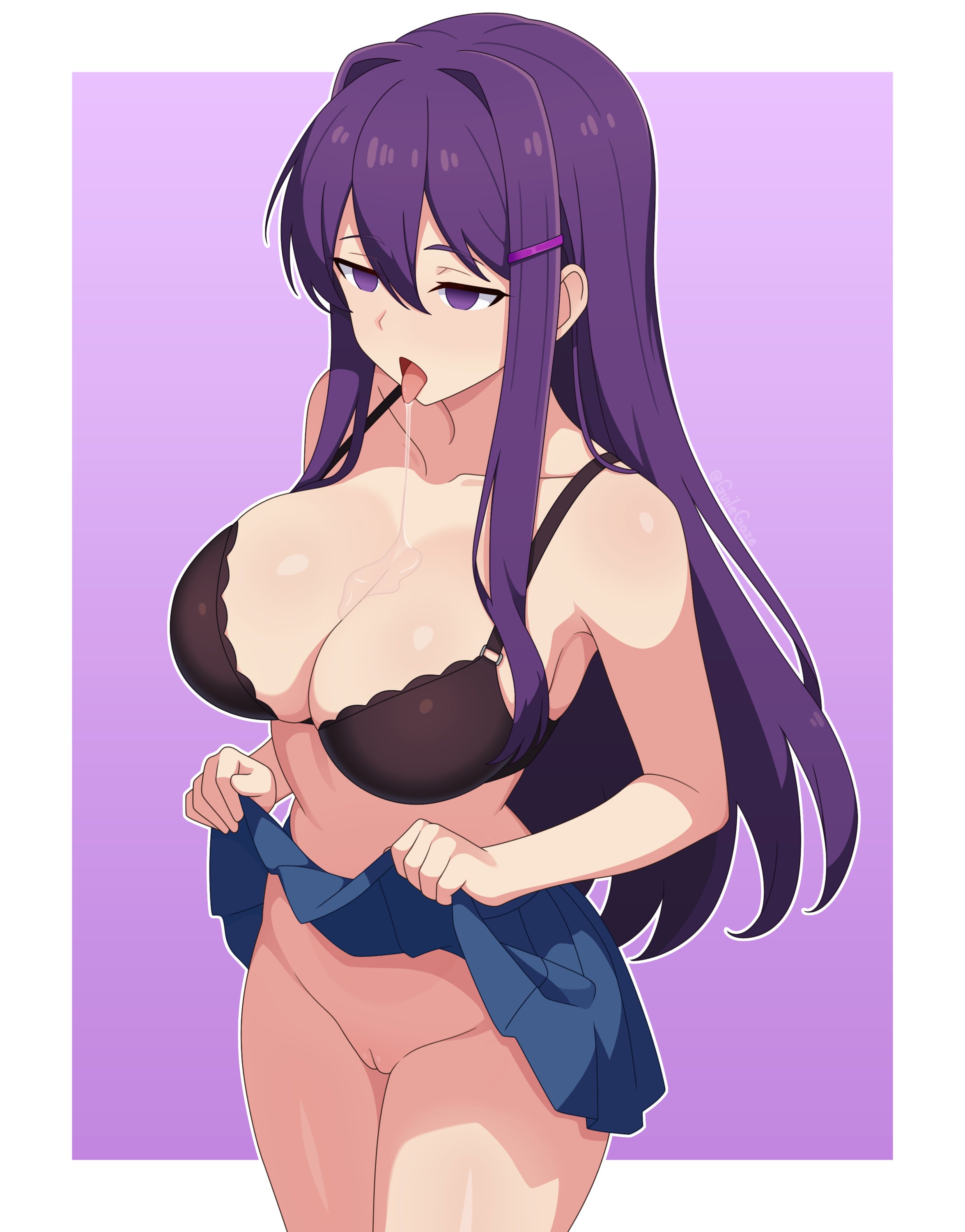1girls, ai assisted, big breasts, bottomless, bra, breasts, doki doki literature club, drooling, drooling on breasts, empty eyes, feet out of frame, female, female only, guilegaze, human puppet, hypnosis, imminent rape, indifferent, large breasts, lifted by self, long hair, mind control, no shirt, open mouth, purple eyes, purple hair, pussy, skirt, skirt lift, tongue, tongue out, uncensored, yuri (doki doki literature club)