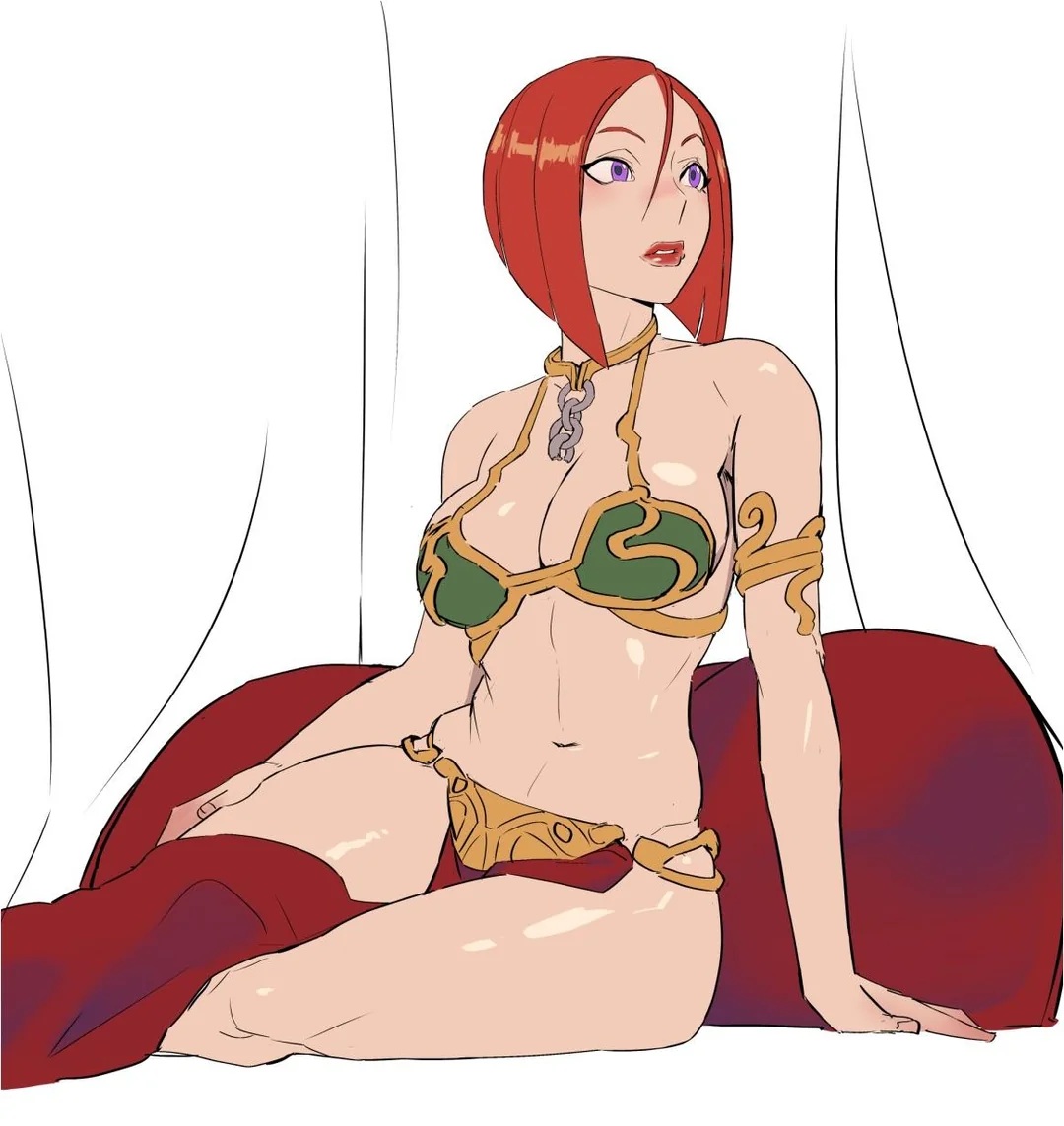 armlet, artist request, belly dancer, belly dancer outfit, character request, cleavage, femsub, harem girl, harem outfit, large breasts, loincloth, orange hair, purple eyes, slave, slave bikini, slave girl, slave leia (cosplay), slave outfit, star wars, submissive female