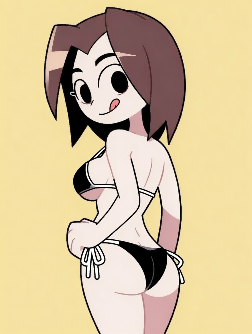 1girl 1girls artist_unknown ass black_bikini black_bikini_bottom black_bikini_top boobs breasts brown_hair hand_on_hip looking_at_viewer looking_back mii mii_gunner nintendo sideboob string_bikini tits tounge_out