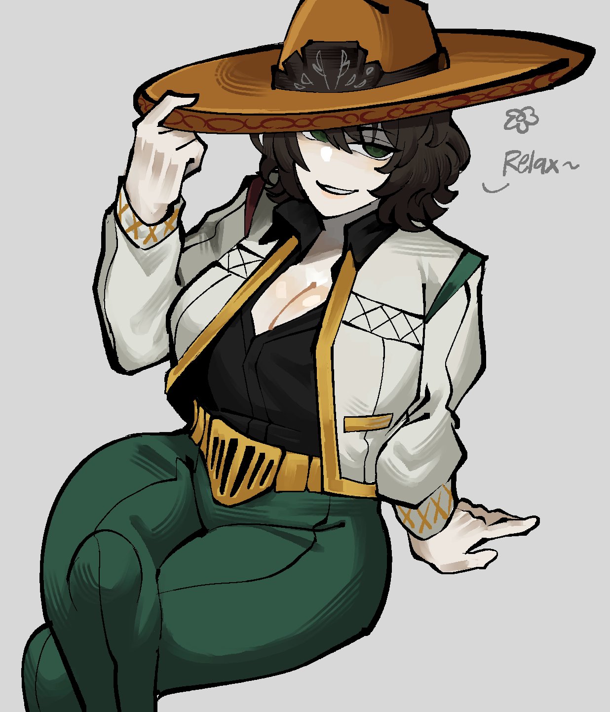 2d, 2d (artwork), adjusting headwear, aida (limbus company), big boobs, big breasts, boobs, breasts, brown hair, cleavage, clothed, clothed female, clothing, color, colored, curvaceous, eclipseecliptus, green eyes, headwear, high resolution, highres, hips, limbus company, looking at viewer, project moon, relax, relaxing, seductive, seductive look, seductive pose, short hair, simple background, sitting, sombrero, speaking, speaking to viewer, talking, talking to viewer, text, thicc, thick thighs, thighs, voluptuous, voluptuous body, voluptuous female