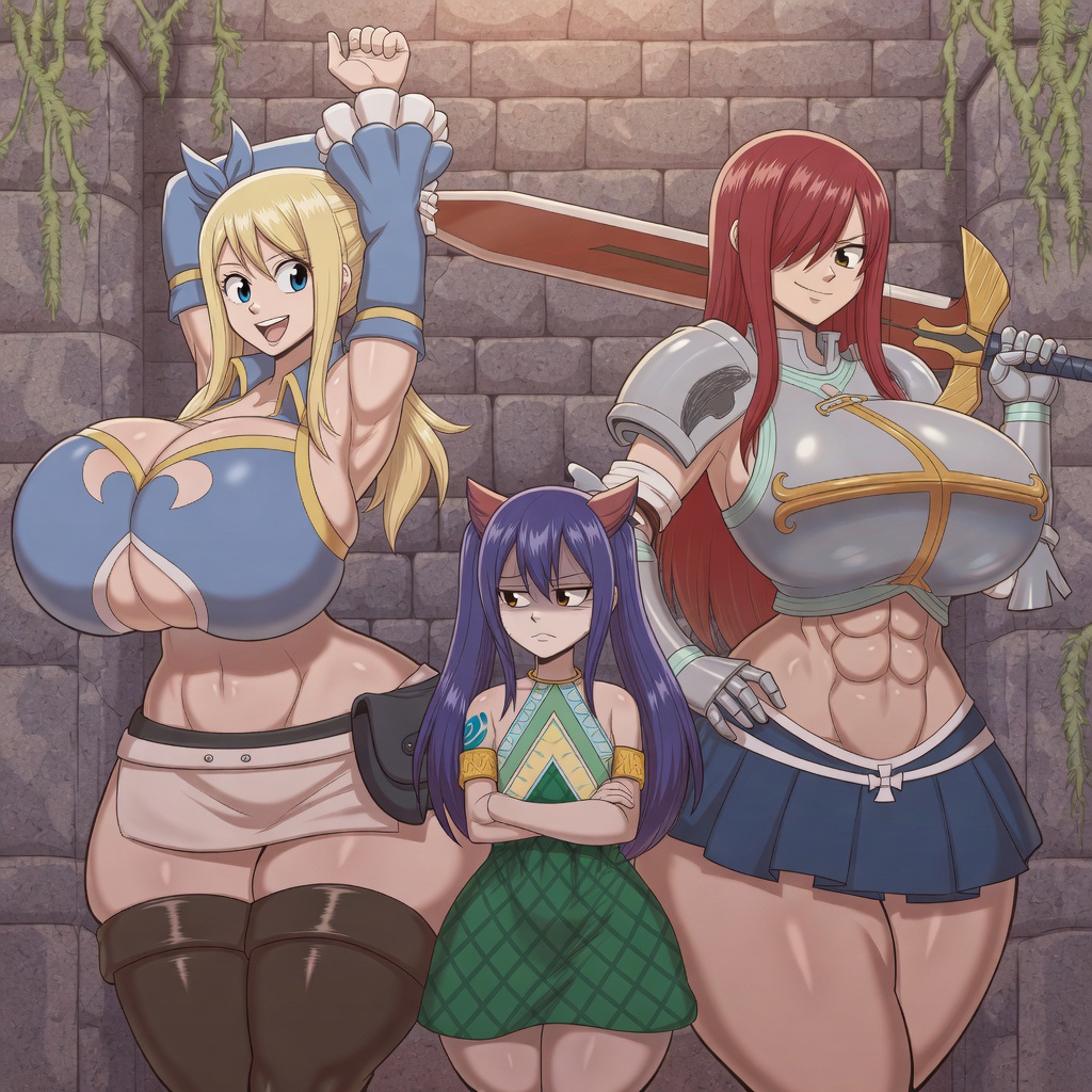 ai generated, armor, artist request, blonde, blonde female, blonde hair, blonde hair female, blonde-haired female, busty, curvy, erza scarlet, fairy tail, female, lucy heartfilia, red hair, tagme, tagme (artist), unkown artist, wendy marvell, yellow hair, yellow hair female