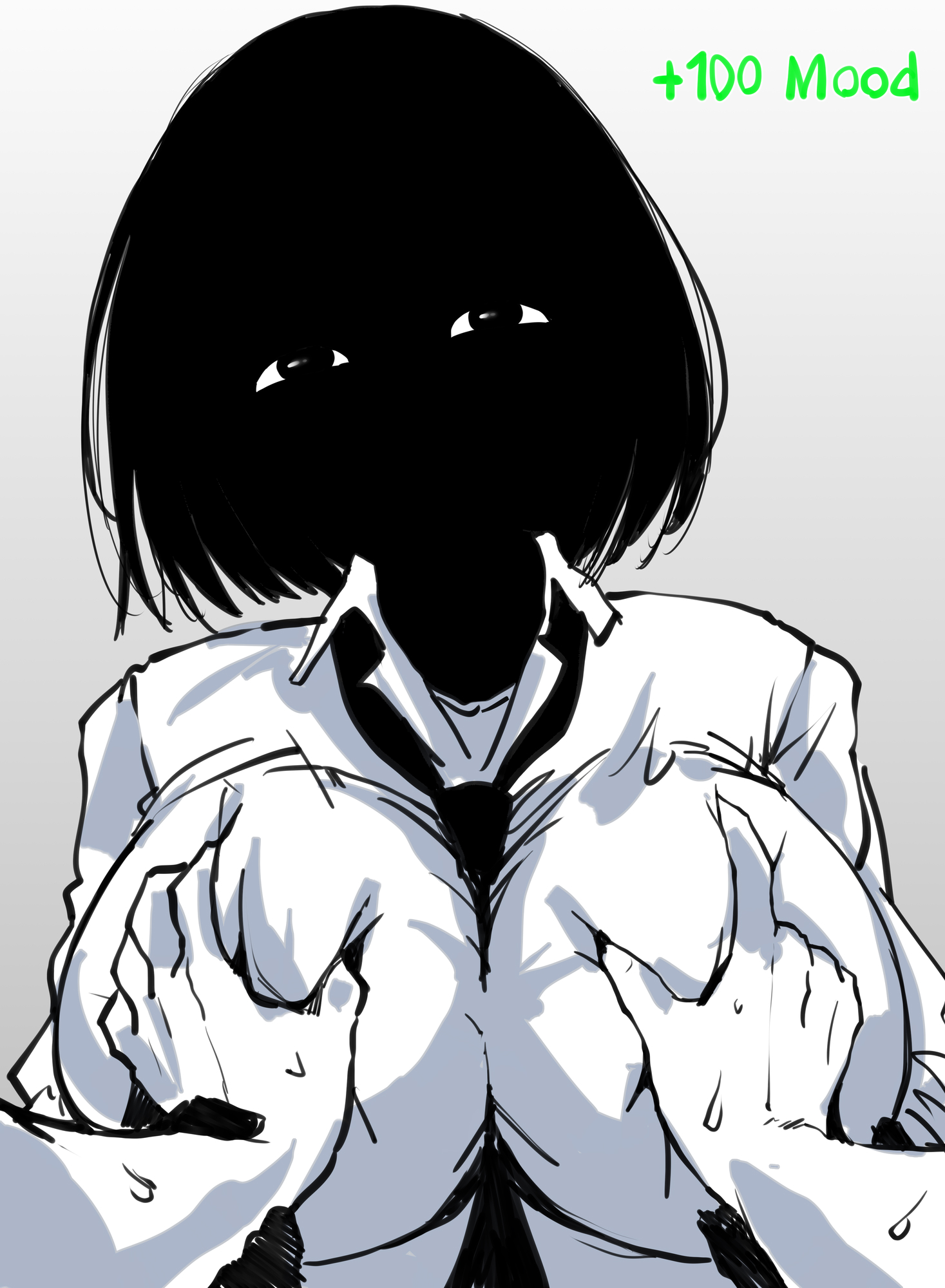 1boy, 1boy1girl, 1girls, big boobs, big breasts, black body, black eyes, black hair, black skin, breast grab, breasts, double breast grab, entity, female, grabbing breasts, groping breasts, huge boobs, huge tits, humanoid, male, monster, nate hand gesture, shirt, squeezing breast, staring, staring at viewer, tagme, tie, tits, void, white shirt