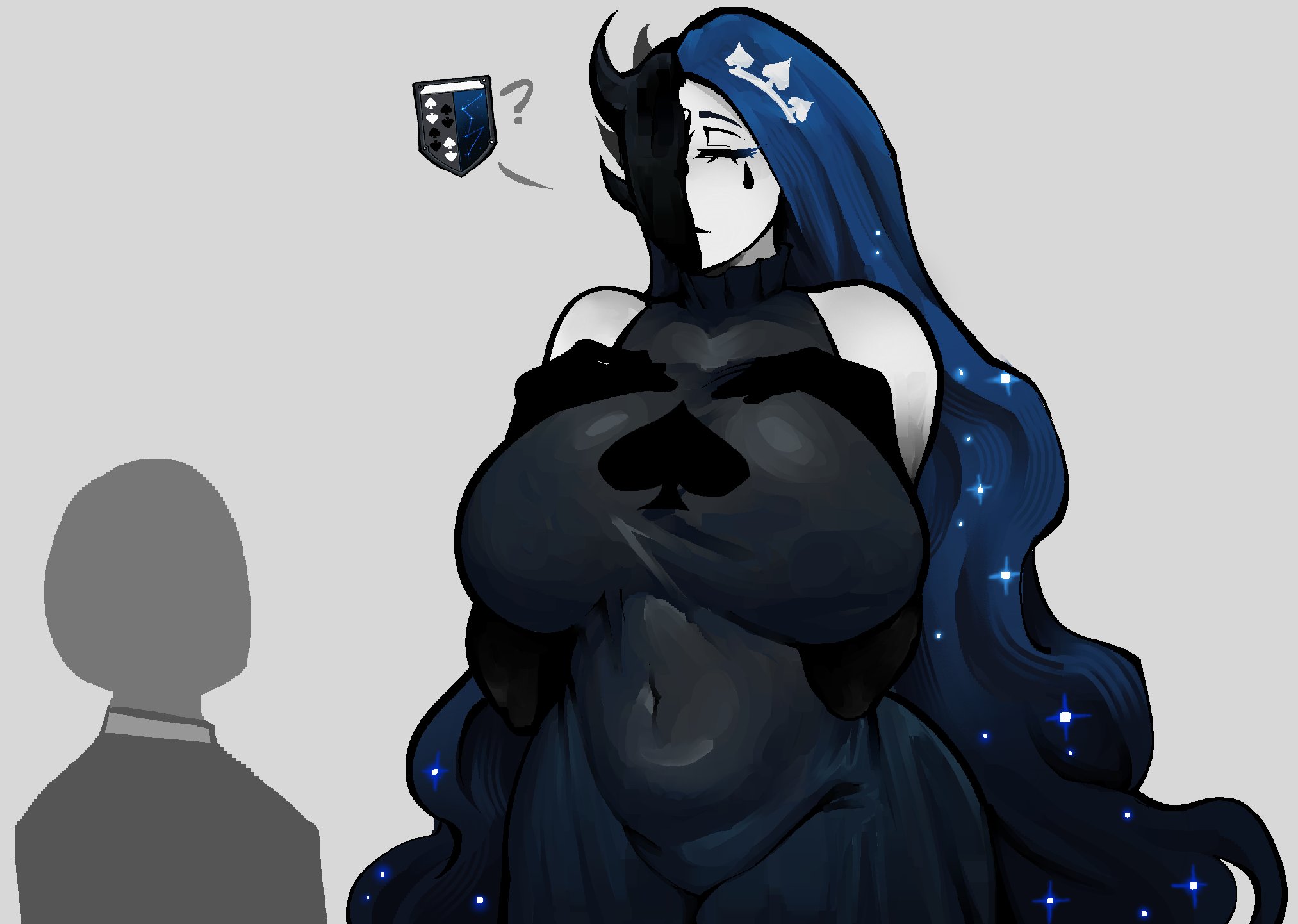 1girl, 1girls, 2d, 2d (artwork), bald, big boobs, big breasts, blue hair, boobs, boobs bigger than head, breasts, breasts bigger than head, chest, closed eyes, clothed, clothed female, clothing, color, colored, curvaceous, curvaceous body, curvaceous female, curvaceous figure, curvy, curvy body, curvy female, curvy figure, curvy hips, eclipseecliptus, female, female focus, grey body, hands on breasts, high resolution, highres, hips, knight of despair, library of ruina, light skin, light-skinned female, lobotomy corporation, long hair, massive boobs, massive breasts, monster girl, project moon, sexy, sexy body, sexy female, simple background, smaller male, spade, standing, tall female, taller female, tear, thicc, thick thighs, thighs, tight clothes, tight clothing, tight fit, tummy, voluptuous, voluptuous body, voluptuous female, wavy hair