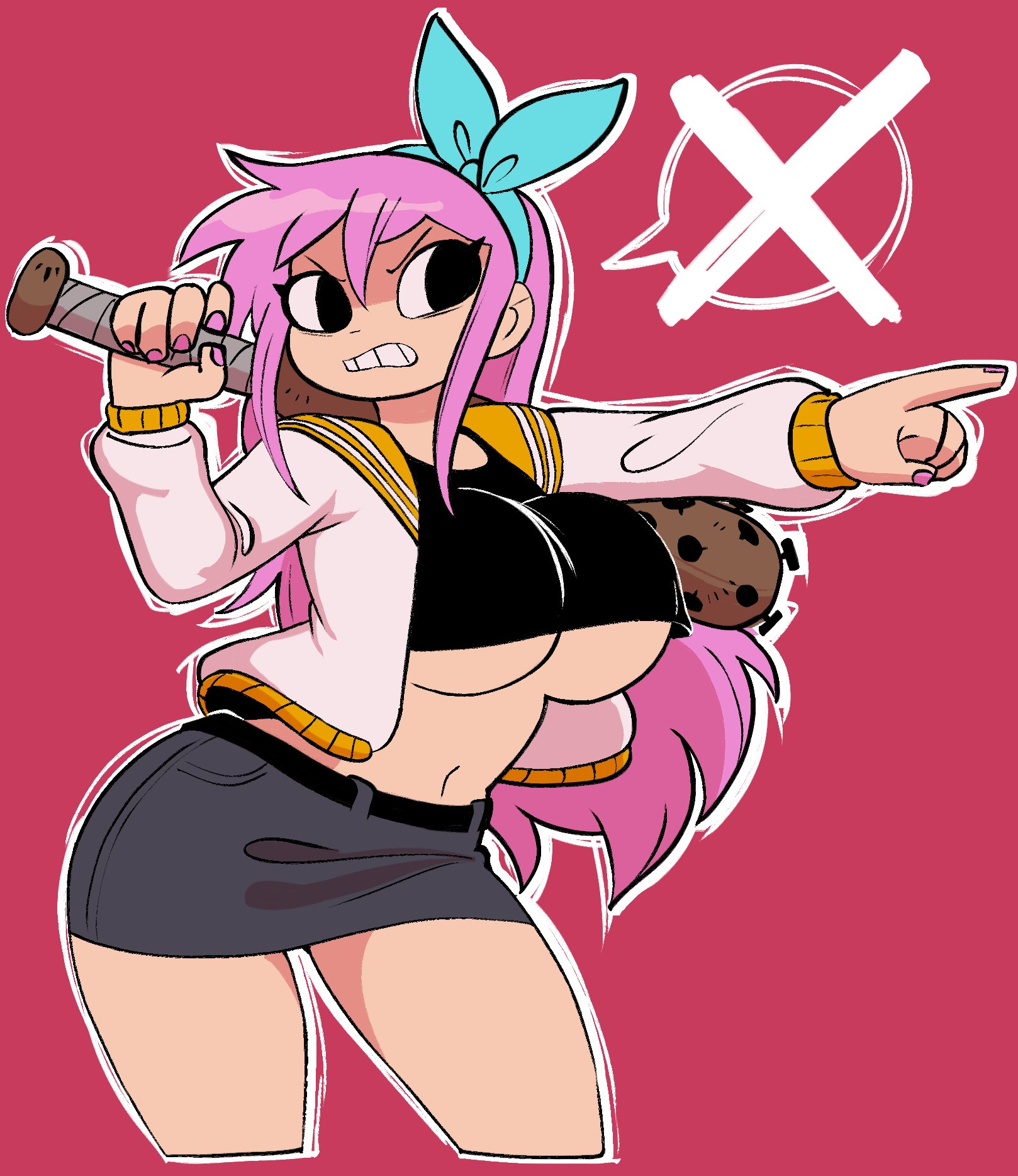 angstrom, artstyle imitation, aubrey (faraway) (omori), aubrey (omori), baseball bat, belt, black crop top, blue bow, crop top, hair bow, hair ornament, jacket, jacket open, long hair, long sleeves, midriff, monochrome background, nail bat, omori, open jacket, painted nails, pink hair, pink nails, red background, short skirt, skirt, tank top, thighs, underboob, white jacket, wide hips