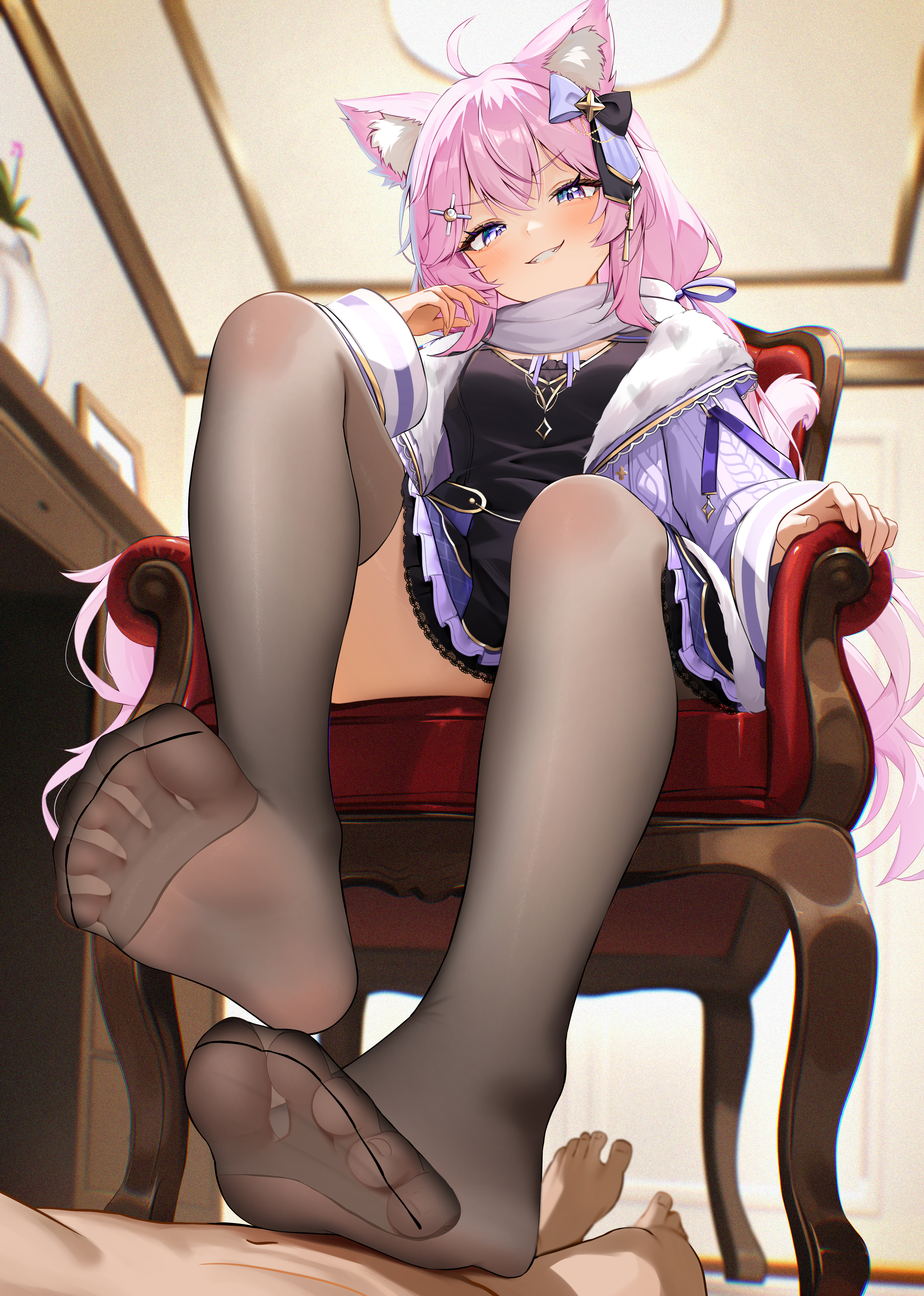 1boy, 1girl, 1girls, absurdres, black dress, black thighhighs, blue eyes, cat girl, chair, commission, dress, feet, female, foot fetish, foot focus, footjob, highres, indie virtual youtuber, indoors, legs, looking down at viewer, nyatasha nyanners, on chair, pink hair, pixiv commission, radoremo, see-through clothes, see-through thighhighs, sitting, soles, solo focus, teasing, thighhighs, thighs, toes, virtual youtuber, vtuber