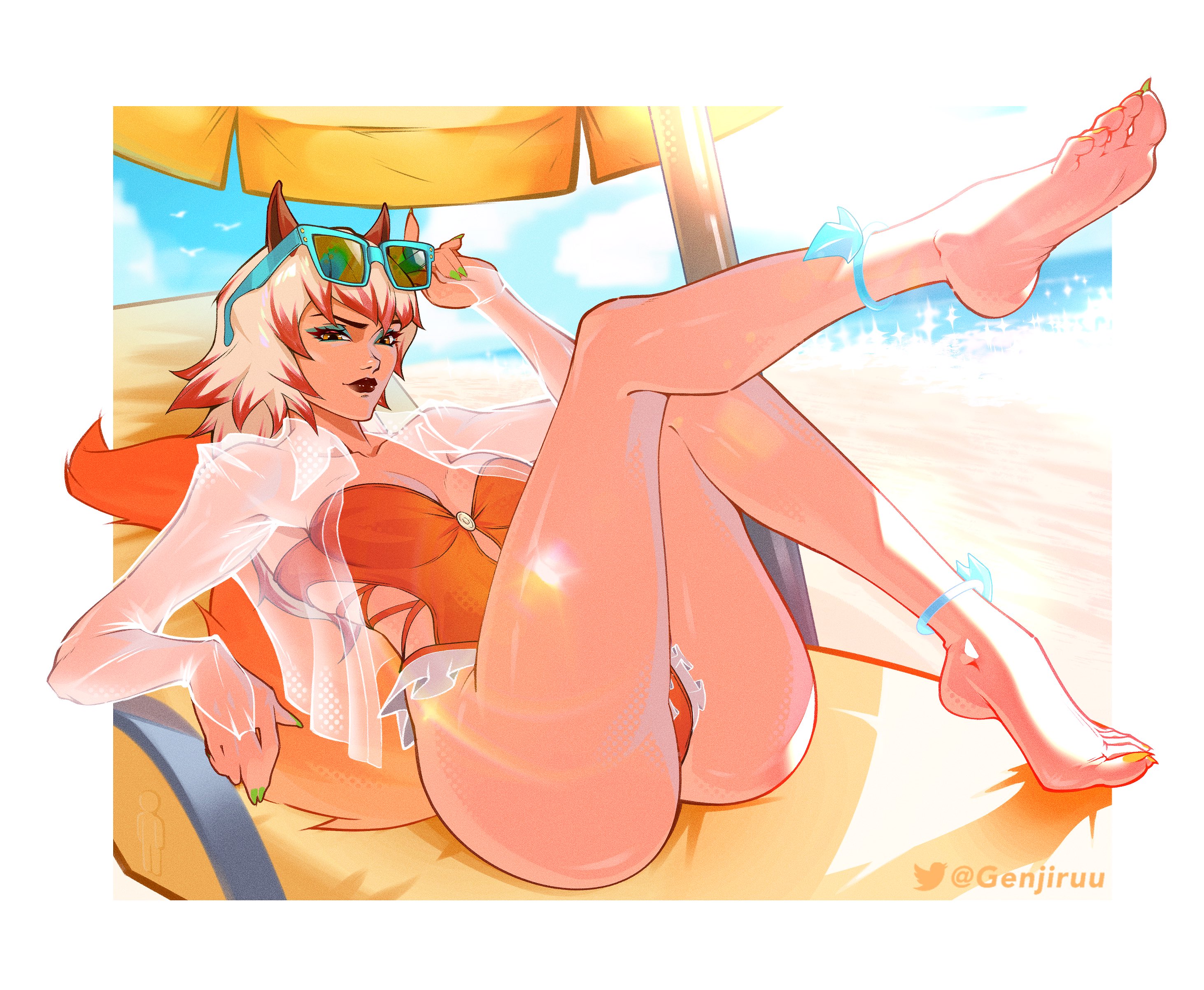 2d, ami han, ass, barefoot, big ass, bikini, clothed, feet, female, female only, foot fetish, fully clothed, genjiruu, marvel, marvel cinematic universe, marvel rivals, solo, swimsuit, thick thighs, thighs, white fox (coastal kumiho), white fox (marvel rivals), white fox (marvel)