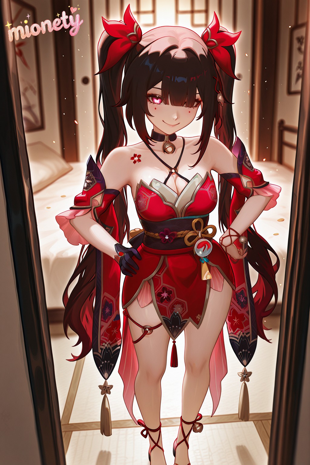 1girl ai_generated artist_name bare_shoulders bell black_choker black_gloves black_hair black_sash breasts brown_hair choker cleavage closed_mouth collarbone criss-cross_halter detached_sleeves dress facial_mark feet_out_of_frame flower_tattoo fox_mask gloves grin halterneck hand_on_own_hip hands_on_own_hips honkai:_star_rail honkai_(series) indoors jingle_bell long_hair looking_at_viewer mask medium_breasts mionety multicolored_hair neck_bell o-ring obi open_door pink_eyes red_dress sash short_sleeves single_glove smile solo sparkle_(honkai:_star_rail) standing tattoo thigh_strap thighs twintails very_long_hair