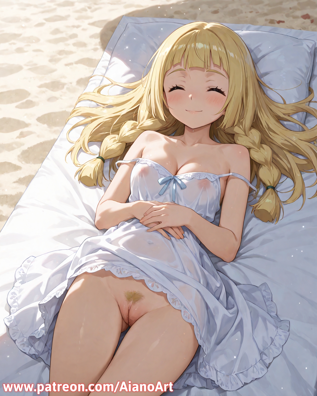 1girl, ai generated, aianoart, bangs, bare shoulders, blonde hair, blush, braid, breasts, closed eyes, closed mouth, clothes lift, collarbone, covered nipples, dress, dress lift, female pubic hair, lillie (pokemon), long hair, lying, medium breasts, nipples, no panties, on back, pillow, pokemon, pubic hair, pussy, see-through, smile, solo, strap slip, twin braids, white dress