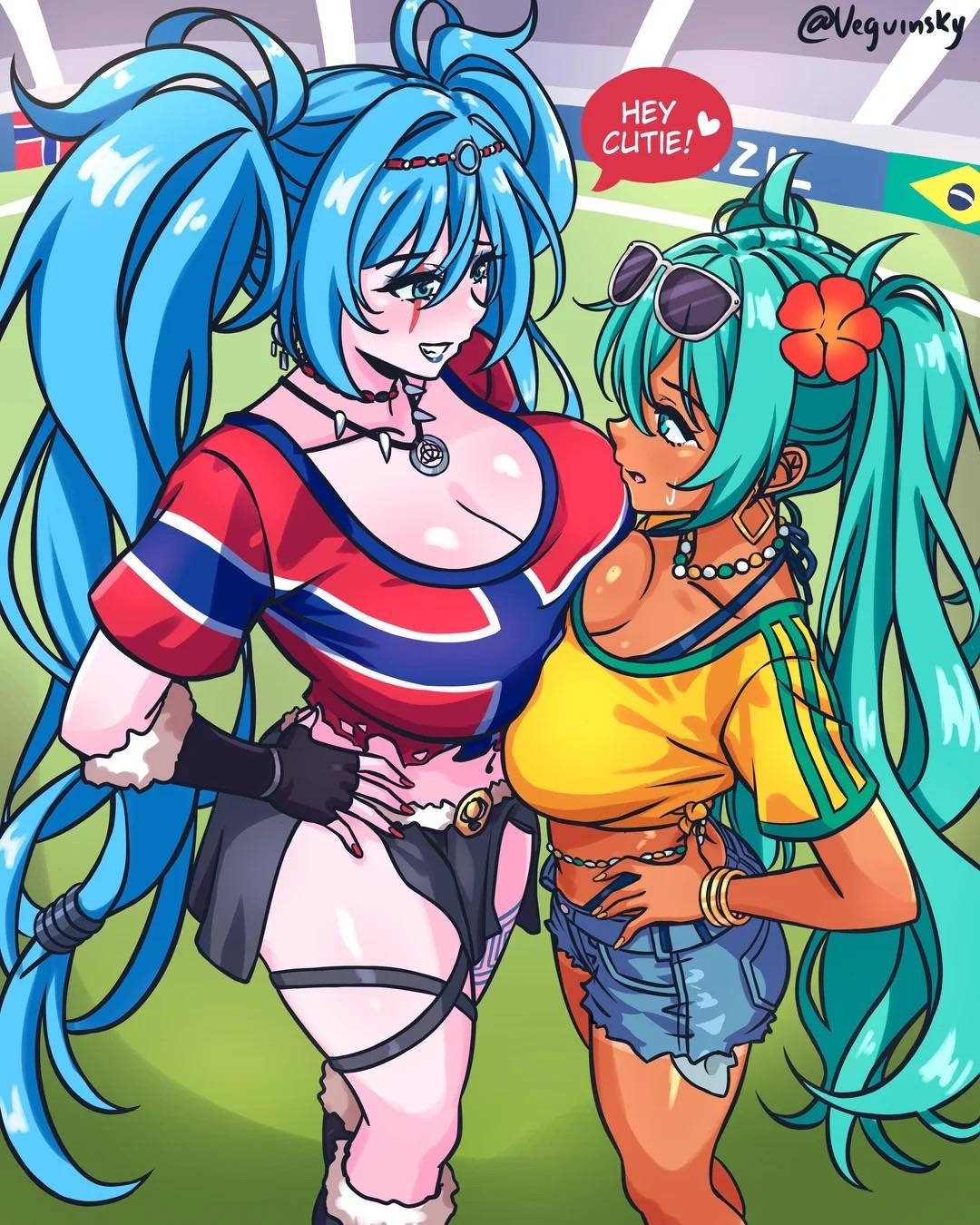 2d, 2d artwork, 2girls, brazilian miku, digital drawing (artwork), digital media, digital media (artwork), duo, duo female, female, female focus, female only, flag, football, hatsune miku, national personification, nordic female, norway, norwegian, norwegian female, norwegian flag, norwegian miku, tagme, veguinsky, vocaloid, world cup