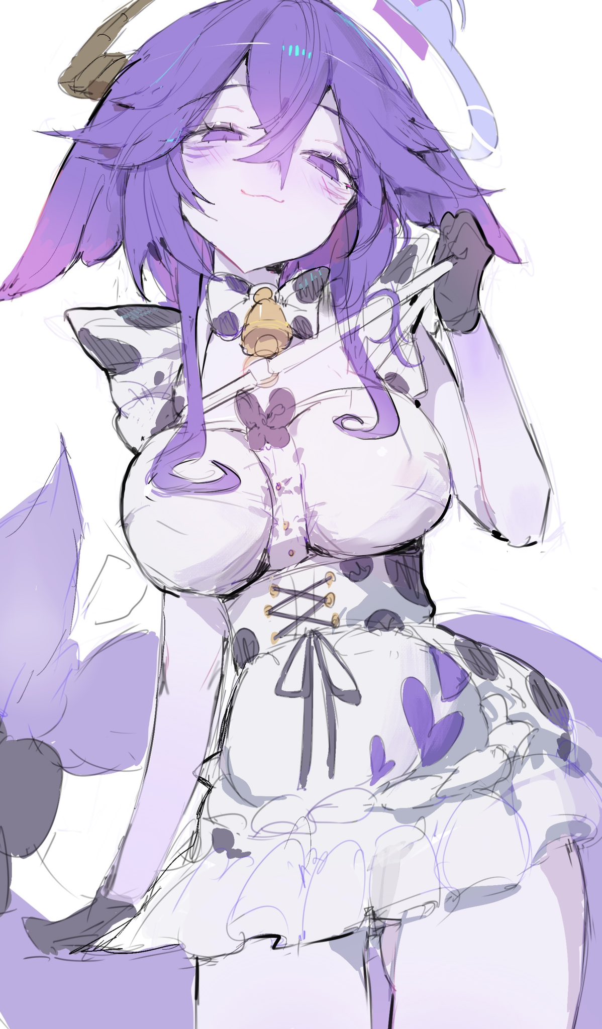 :3, 1girl, 1girls, bell, black gloves, breasts, colored skin, commentary, dress, facial mark, female, fins, fish tail, gloves, hair between eyes, halo, highres, indie virtual youtuber, ip chort, jingle bell, large breasts, looking down, megalodon (vtuber), purple eyes, purple hair, purple skin, shark girl, shark tail, short hair, sidelocks, tail, thighs, tits, untranslatable commentary, virtual youtuber, vtuber, white dress