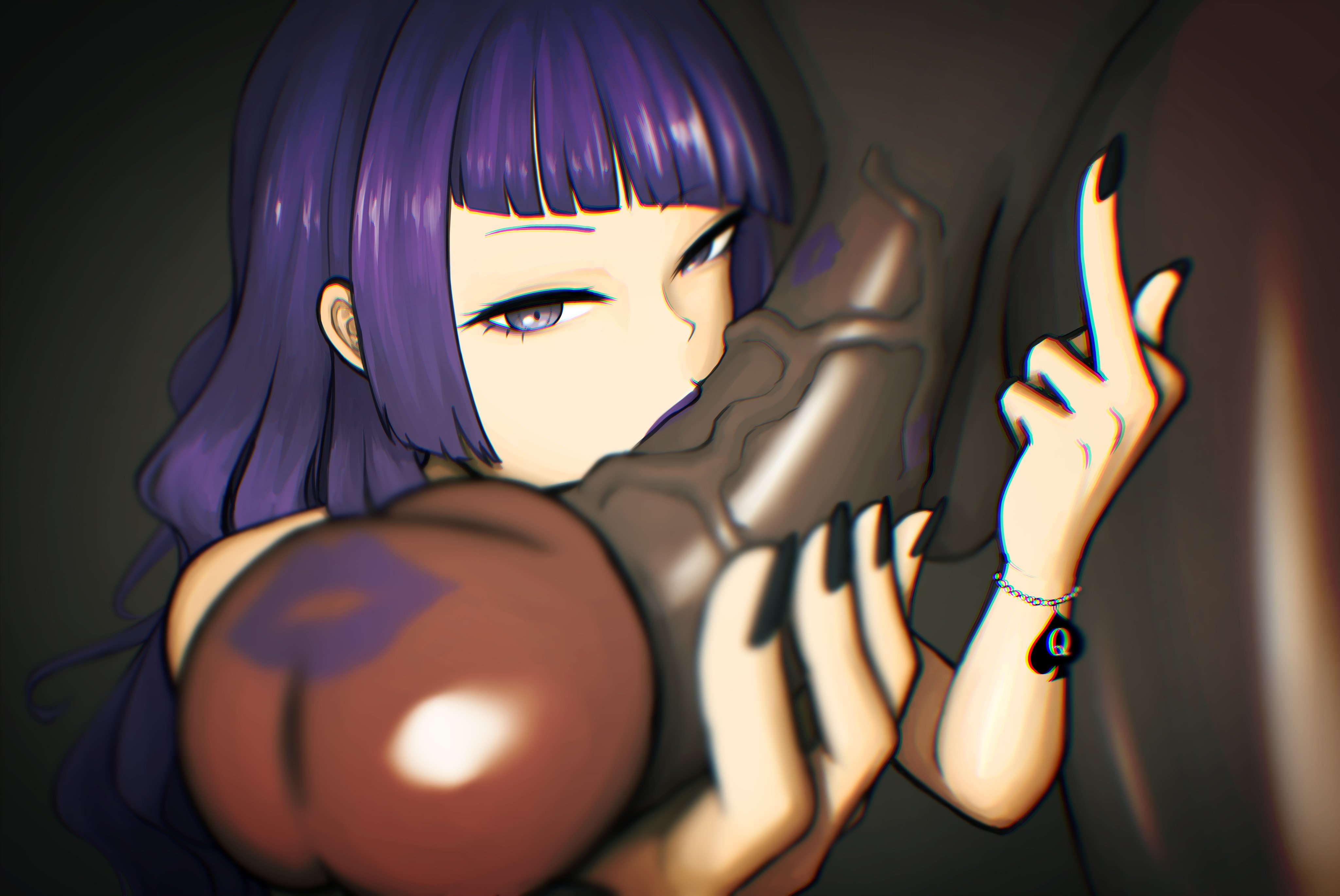 1boy, 1girls, 2d, dark-skinned male, fellatio, idolmaster, interracial, lipstick, lipstick on penis, middle finger, purple hair, queen of spades, tanaka mamimi, teaseedoil