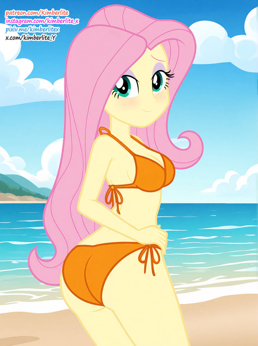 1girl 1girls ai_generated ass ass_focus beach bikini bikini_bottom bikini_top blush cleavage equestria_girls fluttershy_(eg) fluttershy_(mlp) hand_on_hip hasbro kimberlite looking_at_viewer looking_back my_little_pony orange_bikini orange_bikini_bottom orange_bikini_top pink_hair sand smile smiling smiling_at_viewer string_bikini string_panties teal_eyes water yellow_body