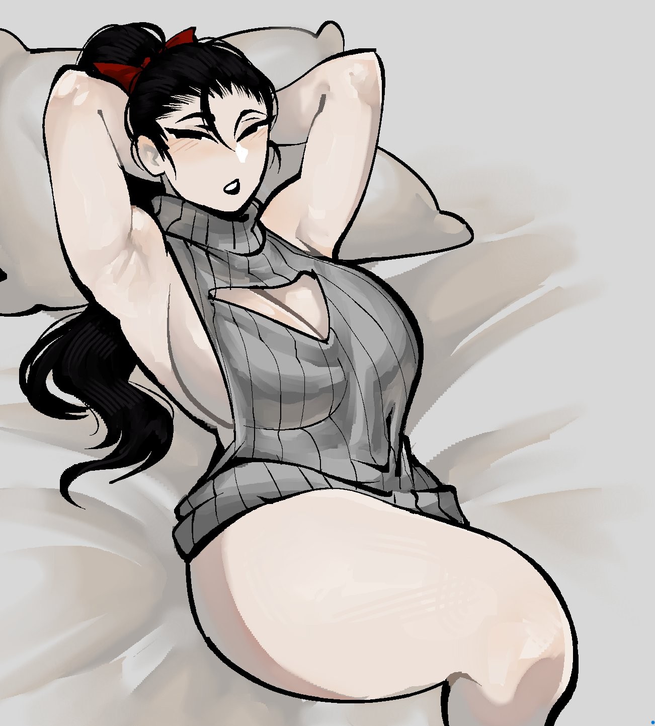1girl, 1girls, 2d, 2d (artwork), 2d artwork, armpit, armpits, bed, bed sheet, big boobs, big breasts, black hair, blush, blushing, boobs, breast, breedable hips, cleavage, cleavage cutout, color, colored, curvaceous, curvaceous body, curvaceous female, curvaceous figure, curvy, curvy body, curvy female, curvy figure, curvy hips, eclipseecliptus, female, female focus, female only, hair ornament, heart cutout, high resolution, highres, hips, inviting, inviting to sex, laying down, laying on bed, legs, light skin, light-skinned female, limbus company, long hair, looking at viewer, nearly nude, nude, nude female, pillow, ponytail, project moon, raised arm, saude (limbus company), seductive, seductive look, seductive pose, sexy, sexy armpits, sexy body, sexy clothing, sexy female, sexy pose, sexy woman, sideboob, simple background, solo, solo female, solo focus, sweater, thicc, thick, thick legs, thick thighs, thighs, thin waist, virgin killer sweater, voluptuous, voluptuous body, voluptuous female, wide hips
