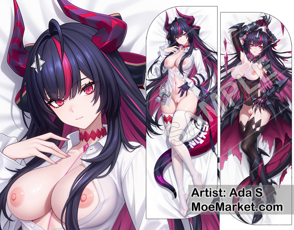 1girls, dakimakura, dakimakura (medium), dakimakura design, dragon girl, dragon horns, dragon tail, female, female only, large breasts, long hair, looking at viewer, neverness to everness, nte, red eyes, shinku, shinku (neverness to everness), white thighhighs