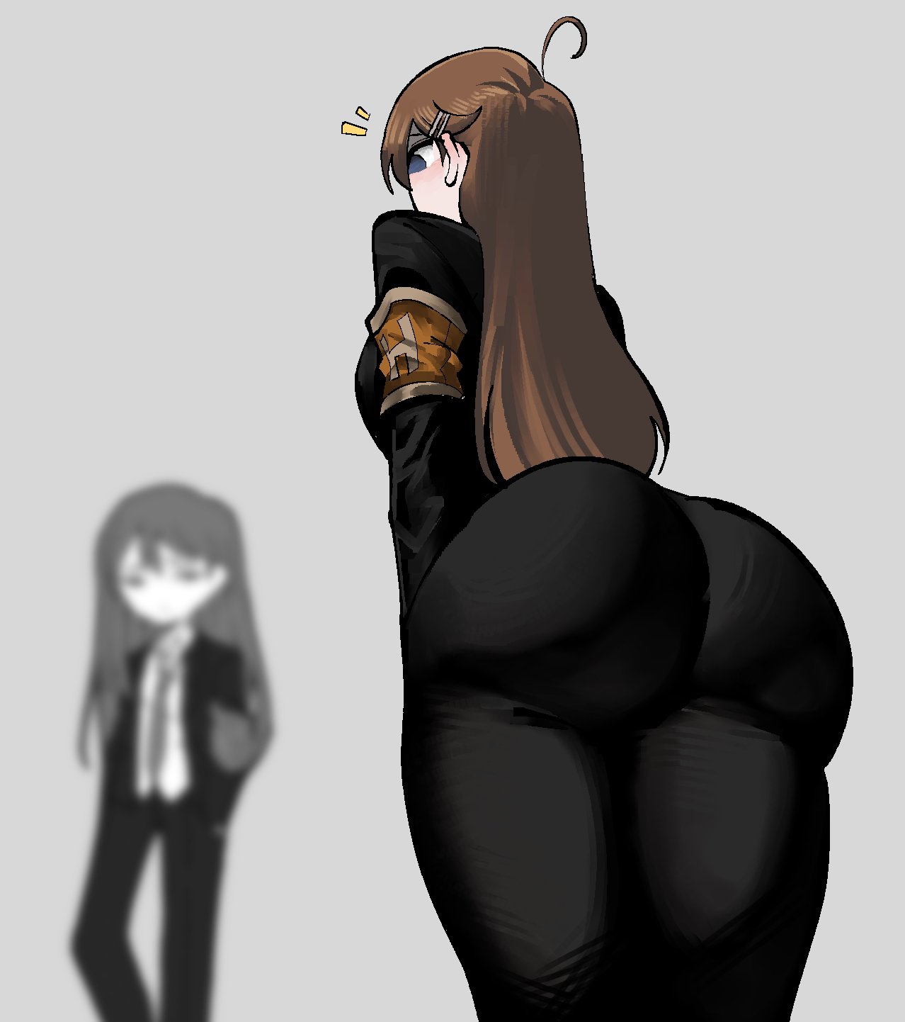 1girl, 1girls, 2d, 2d (artwork), 2d artwork, armband, ass, ass focus, big ass, big butt, black suit, blue eyes, boobs, breasts, brown hair, bubble ass, bubble butt, butt, butt focus, color, colored, curvaceous, curvaceous body, curvaceous female, curvaceous figure, curvy, curvy body, curvy female, curvy figure, curvy hips, ears, eclipseecliptus, female, female focus, from below, hairclip, high resolution, highres, hips, hod (library of ruina), hod (lobotomy corporation), lobotomy corporation, long hair, netzach, project moon, sexy, sexy body, sexy female, simple background, solo focus, standing, suit, thicc ass, thicc butt, thick, thick ass, thick butt, thick thighs, thighs, tight clothes, tight clothing, tight fit, voluptuous, voluptuous body, voluptuous female, wide hips