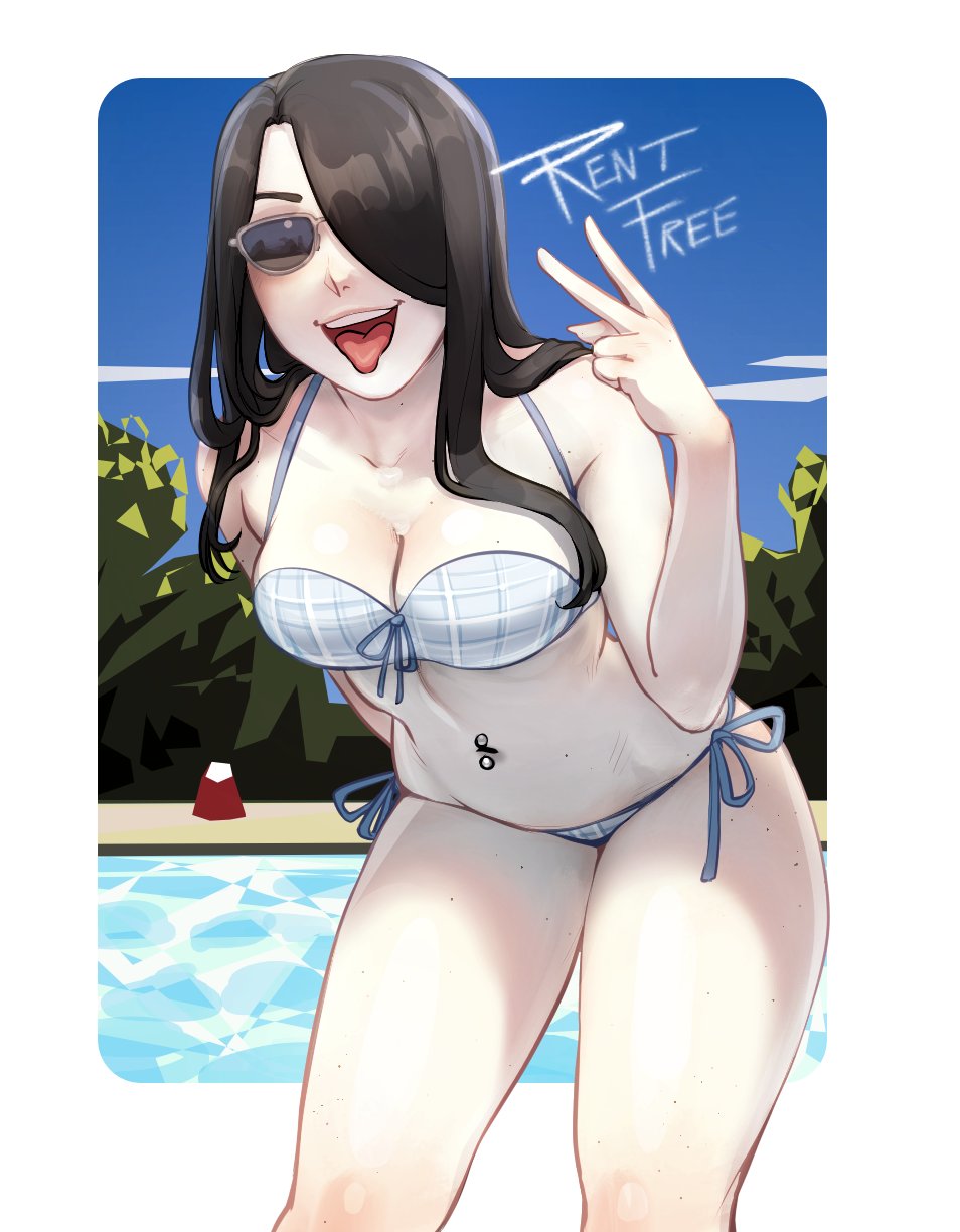 1girls, breasts, dark hair, light skin, light-skinned female, long hair, nila (telepurte), open mouth, pool, sky, sunglasses, swimsuit, telepurte, text, thighs, tinted eyewear, tongue out