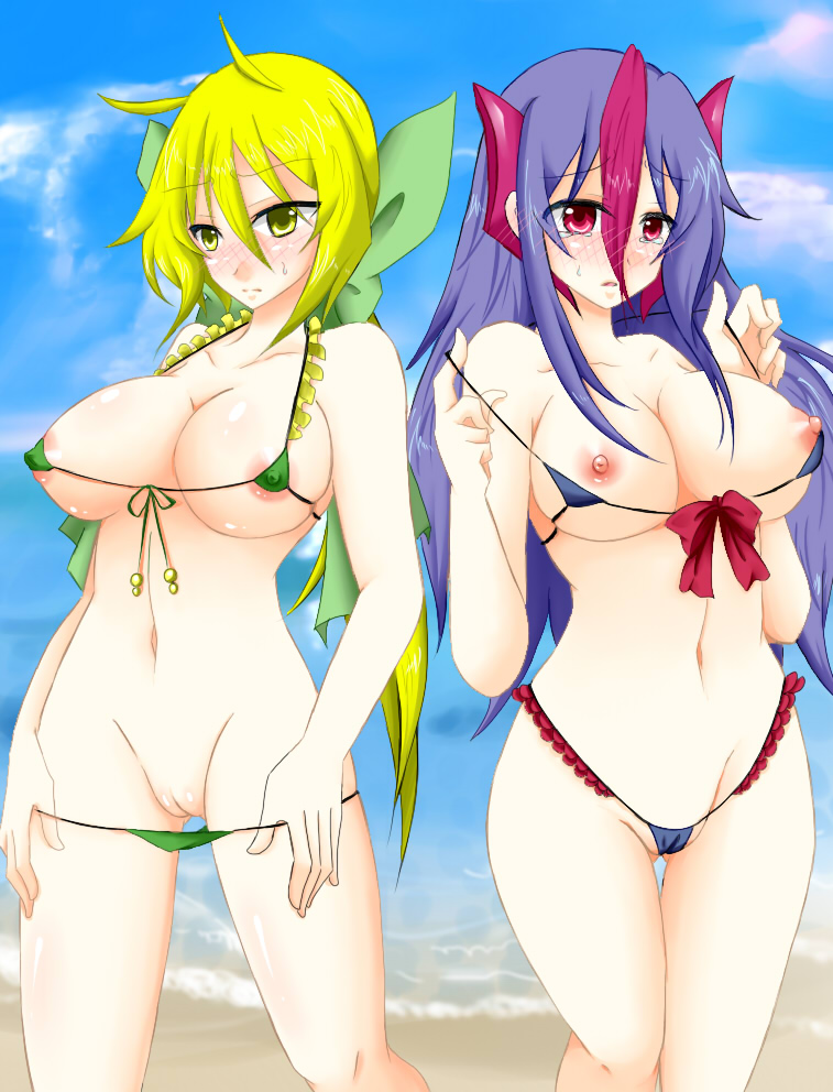 2girls artist_request black_bikini blonde_hair blue_hair blue_sky blush breasts cameltoe cleavage cloud cosplay erect_nipples gigalith gijinka green_bikini hair_ornament hair_ribbon human humanized large_breasts leavanny long_hair micro_bikini multicolored_hair multiple_girls navel nipples pokemon ponytail pussy red_eyes swimsuit tear tied_hair water yellow_eyes yellow_hair