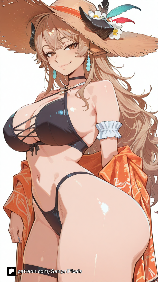 1girl ai_generated animal_ears arknights arknights:_endfield artist_name bangs bare_shoulders beads bikini black_bikini black_choker breasts brown_eyes brown_hair choker cleavage cowboy_shot criss-cross_halter earrings flower halterneck hat hat_flower highleg highleg_bikini horns jewelry large_breasts long_hair looking_at_viewer meteorite_(arknights) navel necklace off_shoulder patreon senpai_pixels sensitive simple_background smile solo straw_hat sun_hat swimsuit thigh_strap thighs white_background