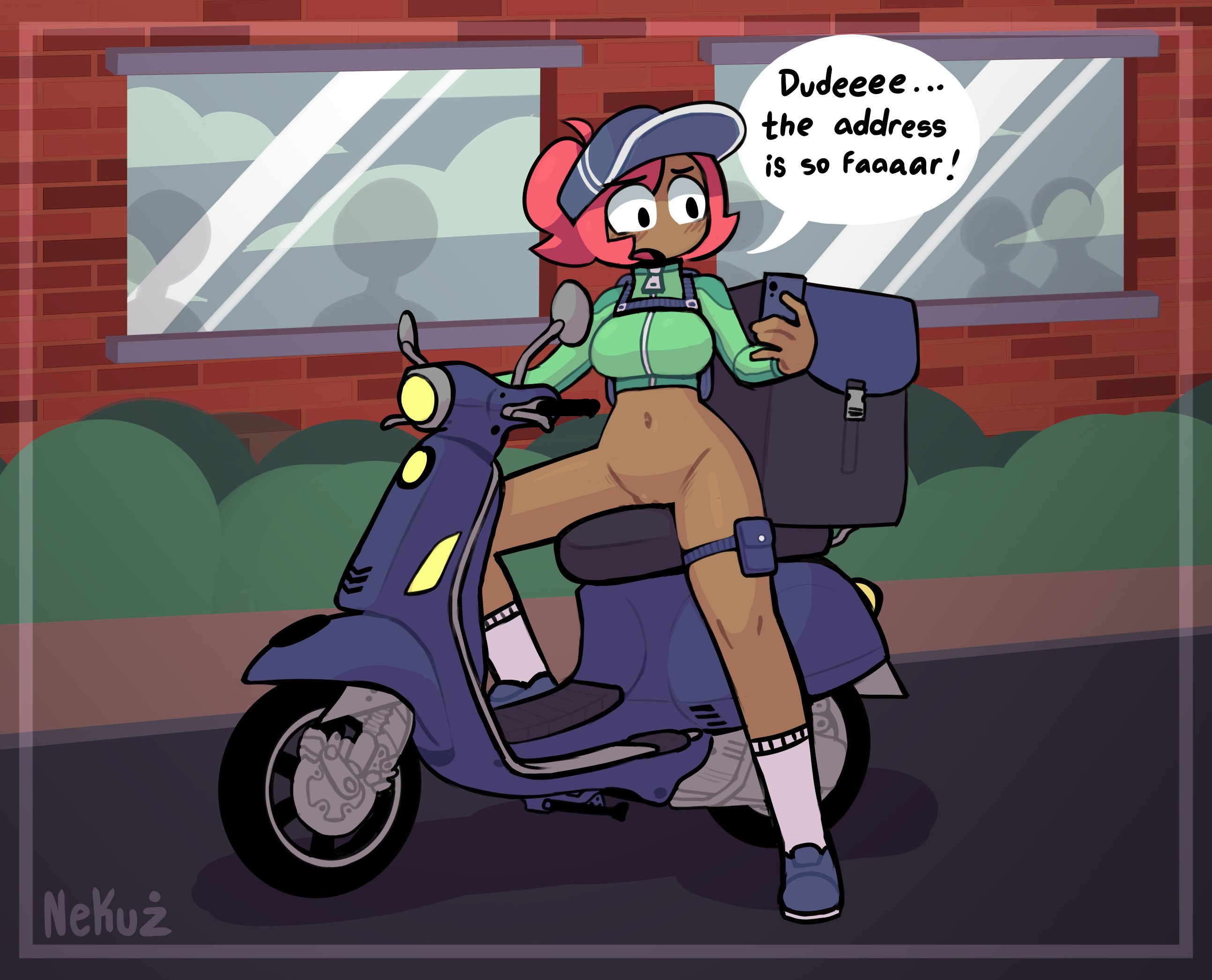 1girls, artist name, background, bottomless, bottomless female, breasts, casual, caught, chloe (nekuzx), clothing, dark skin, dark-skinned female, delivery employee, delivery girl, delivery uniform, delivery vehicle, female, human, medium breasts, navel, nekuzx, nonsexual, nonsexual nudity, oc, original, original character, public, public nudity, pussy, red hair, short hair, text, uniform, upset, watermark, working