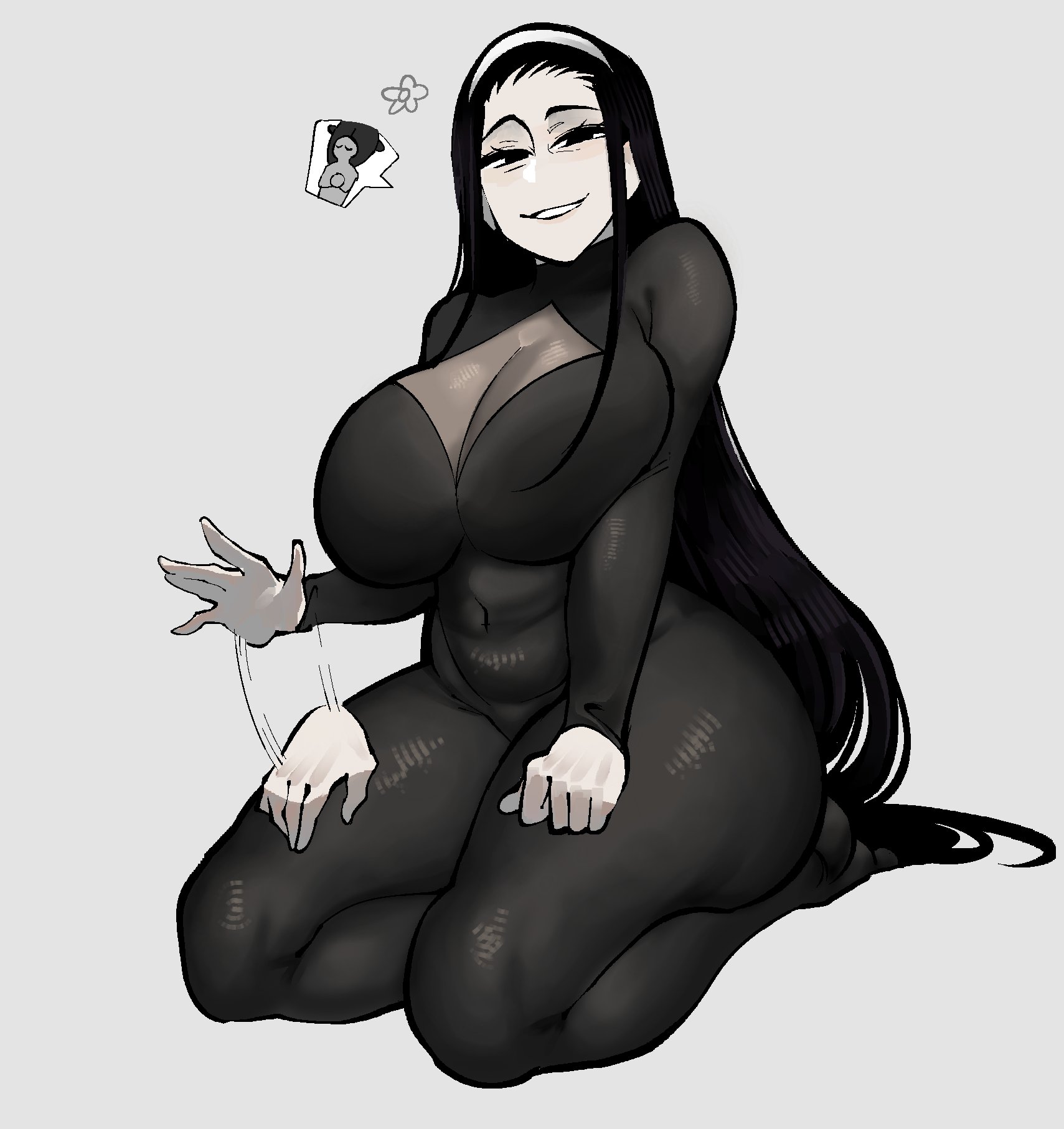 1girl, 1girls, 2d, 2d (artwork), ass, big boobs, big breasts, black hair, boobs, boobs bigger than head, breasts, breasts bigger than head, butt, cleavage, cleavage cutout, color, colored, curvaceous, curvaceous body, curvaceous female, curvaceous figure, curvy, curvy body, curvy female, curvy figure, curvy hips, eclipseecliptus, female, female focus, female only, hair ornament, high resolution, highres, inviting, inviting viewer, iori (library of ruina), library of ruina, light skin, light-skinned female, long hair, looking at viewer, mommy, mommy kink, project moon, simple background, smile, smiling, smiling at viewer, solo, solo female, solo focus, thicc, thick, thick ass, thick butt, thick hips, thick legs, thick thighs, thighs, tight clothes, tight clothing, tight fit, voluptuous, voluptuous body, voluptuous female
