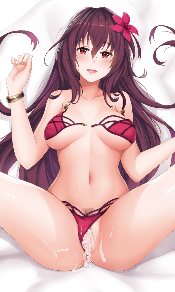 :d bikini bikini_aside blush bracelet breasts cum cum_in_pussy fate/grand_order fate_(series) female flower hair_flower hair_ornament jewelry large_breasts long_hair navel open_mouth pubic_hair purple_bikini purple_hair pussy red_eyes scathach_(fate) scathach_(swimsuit_assassin) smile solo swimsuit unclasped yanochi