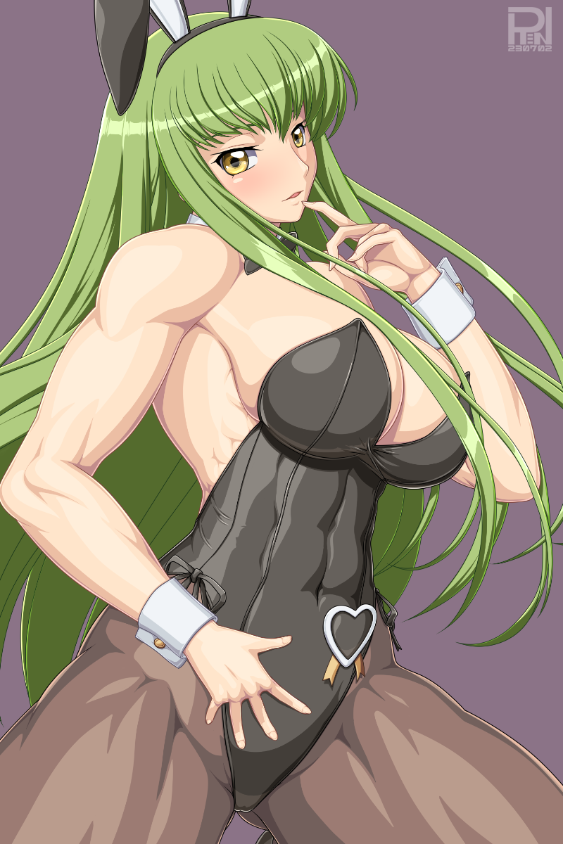 1girls biceps big_breasts bunnysuit c.c. code_geass green_hair muscular_female ren_(tainca2000) tagme thunder_thighs