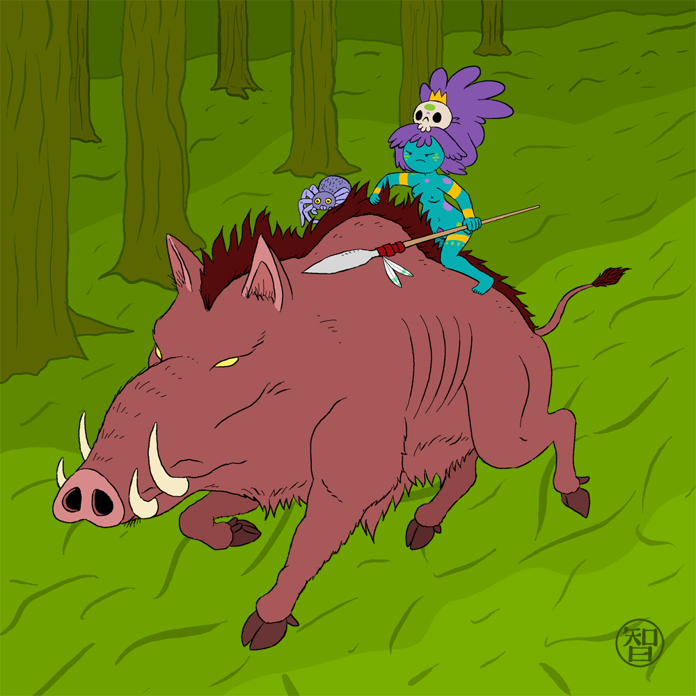 adventure_time blue_skin boar coldfusion crown jungle_princess nude nude_female purple_hair riding_on_back skull_hair_ornament small_breasts spear spider unshaved_pussy