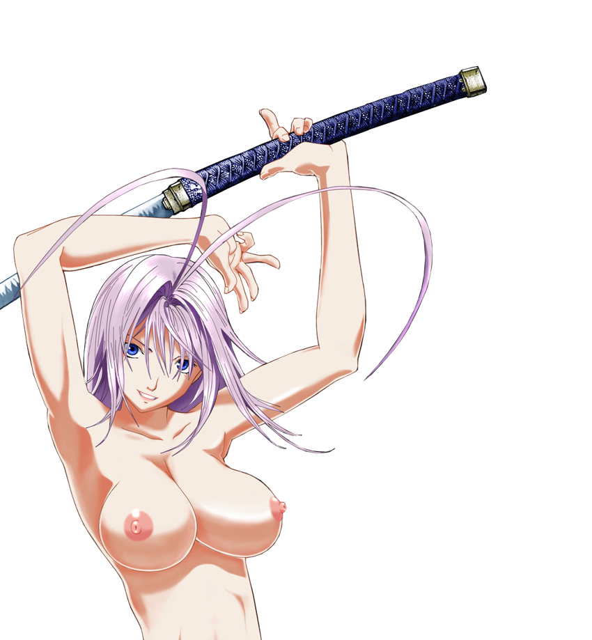 1girls antenna areola blue_eyes breasts busty cleavage female female_only katana natsume_maya nipples solo sword tagme tenjou_tenge voluptuous weapon