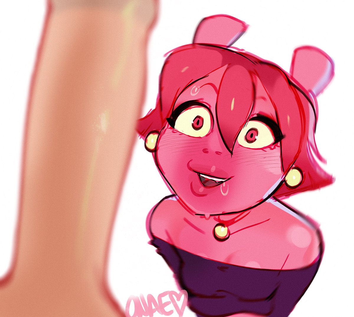 1boy, 1girls, bare shoulders, blush, drooling, earrings, female, large penis, looking at penis, male, mascara, necklace, onae, open mouth, penis, penis awe, pink skin, saliva, short hair, smile, solo focus, straight, sweat, white background, yellow sclera