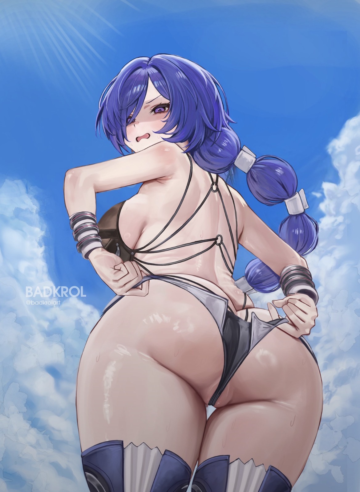 back, back view, backside, badkrol, big ass, big breasts, bra, braided hair, braided ponytail, busty, busty female, curvy, curvy female, hair over one eye, long hair, panties, promeia (zenless zone zero), pulling clothing, purple hair, pussy, pussy peek, sideboob, sky, thick ass, thick thighs, wide hips, zenless zone zero