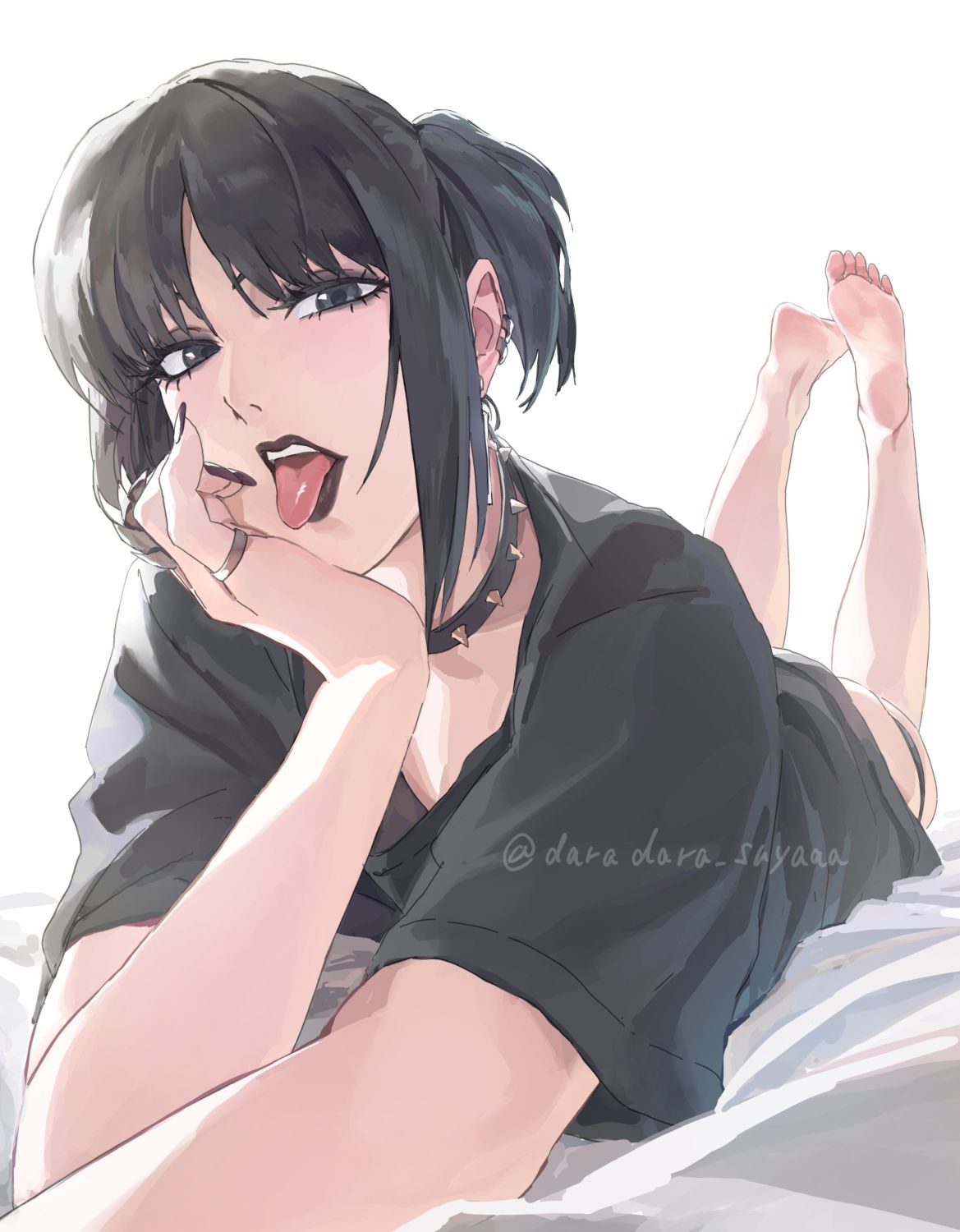 1girls, 2d, 2d (artwork), asian, asian female, attack on titan, barefoot, black lipstick, bob cut, choker, daradara suyaaa, feet up, goth, goth girl, goth makeup, goth mikasa, gothic, gothified, hoodie, hoodie only, legs up, looking at viewer, mikasa ackerman, painted fingernails, ponytail, posing, posing for picture, posing for the viewer, shingeki no kyojin, soles, soles female, soles fetish, solo, spiked collar, tagme, teasing, teasing viewer, teasing with feet, teenage girl, teenager, tied hair, toes, tongue, tongue out, white background