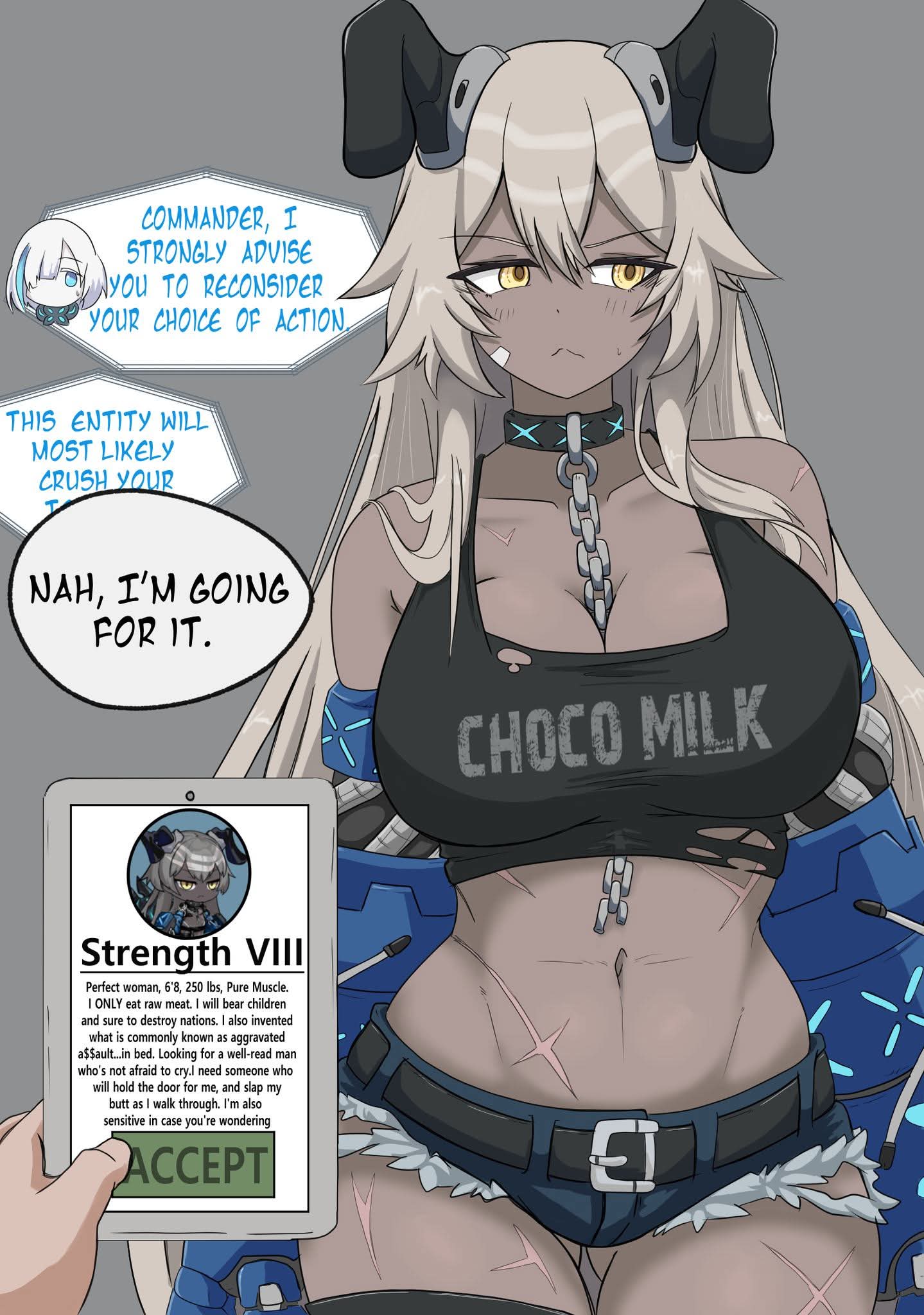 1boy, 1girl, aqua streaks, arbiter strength viii (azur lane), ass visible through thighs, azur lane, bare shoulders, belt, black belt, black horns, black tank top, breasts, broken, broken chain, chain, chain between breasts, commander (azur lane), commentary, cowboy shot, cross scar, cyan streaks, dark skin, dark-skinned female, denim, denim shorts, english text, facing viewer, grey background, grey hair, hair between eyes, highres, horns, huge breasts, jaggi 95, light blush, long hair, mechanical arms, mechanical horns, micro shorts, multicolored hair, multiple scars, navel, pov, pov hands, scar, scar on leg, scar on shoulder, scar on stomach, shorts, simple background, siren (azur lane), sleeveless, speaking, speech bubble, streaked hair, talking, tank top, tb (azur lane), text, torn clothes, torn tank top, untranslatable commentary, very long hair, white hair, yellow eyes