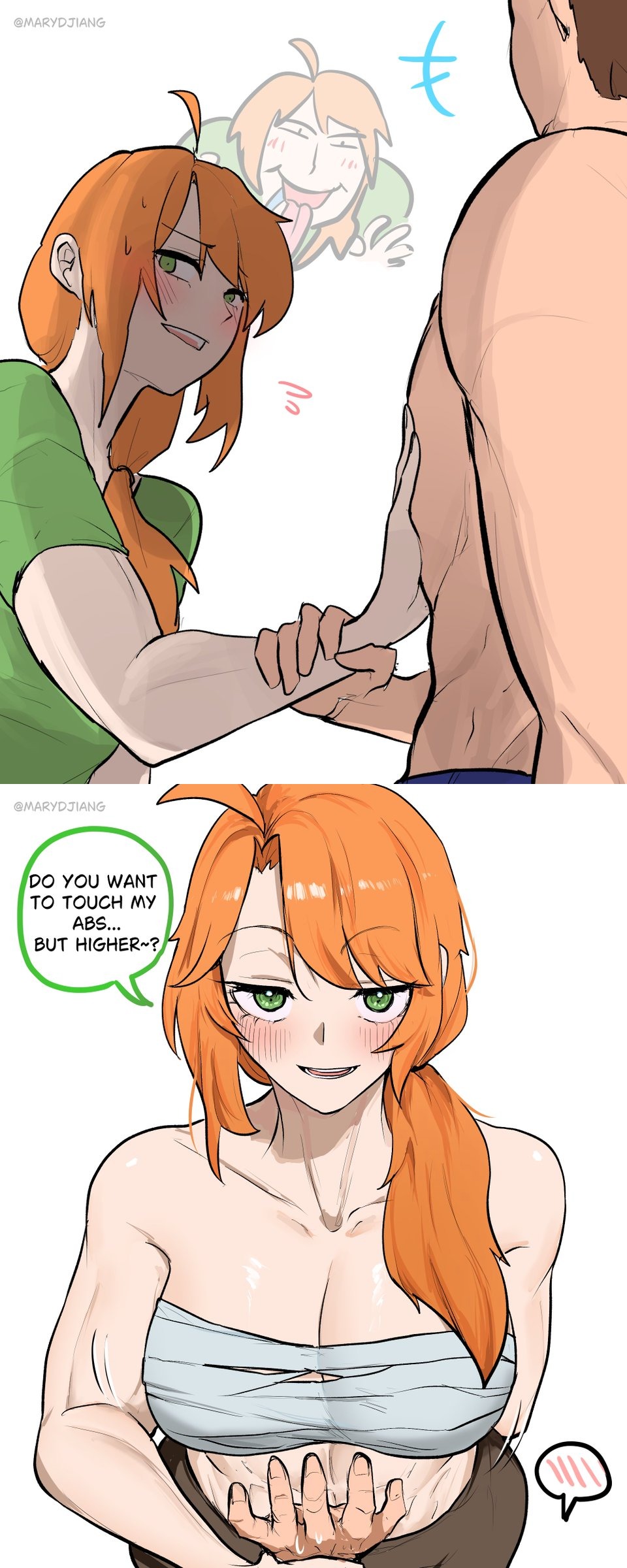 1boy, 1girls, abs, alex (minecraft), aroused face, aroused female, aroused smile, bandage, bandaged chest, bandages, bare shoulders, belly button, blush, blushing, bra, breasts, brown hair, bucket, cleavage, facial hair, fit female, green eyes, holding object, inviting, long hair, looking at another, marydjiang, minecraft, minecraft mob, orange hair, semi nude, shirt, short hair, smirking, smirking at partner, smirking at viewer, speech, speech bubble, steve (minecraft), tagme, text, touching abs, touching belly