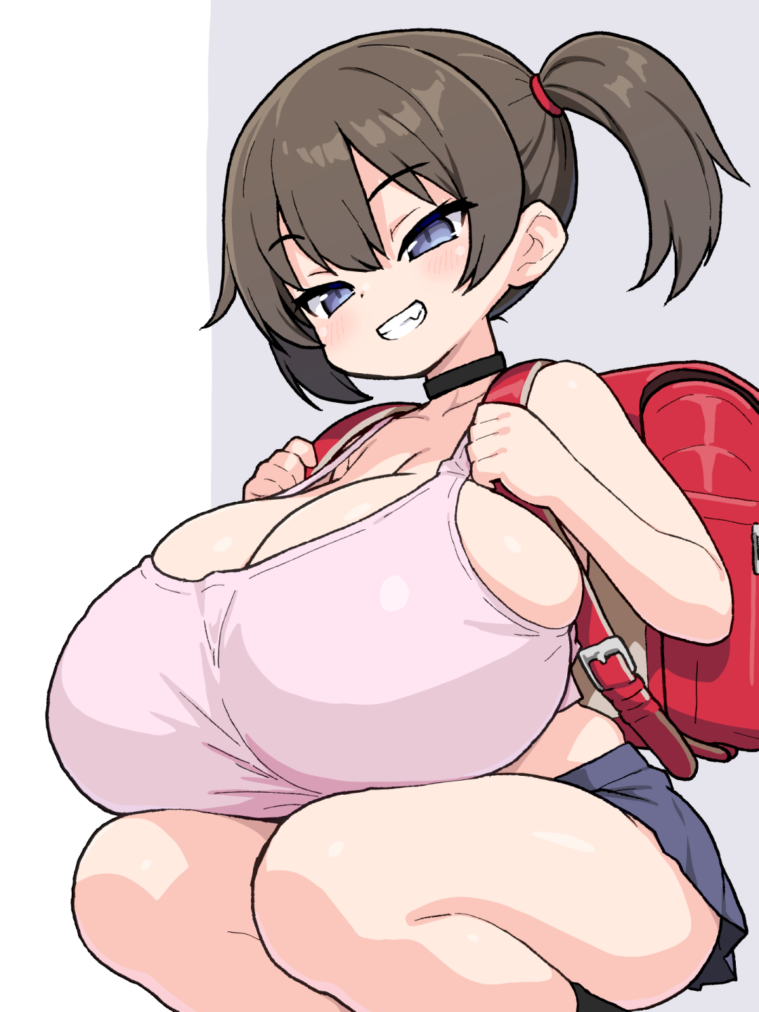 1girl, backpack, bag, blue eyes, blue skirt, breasts, breasts on lap, brown eyes, choker, cleavage, commentary request, crop top, grin, highres, huge breasts, jabaku-chan, miniskirt, original, pink shirt, randoseru, shirogane hakuba, shirt, side ponytail, skirt, smile, solo, squatting