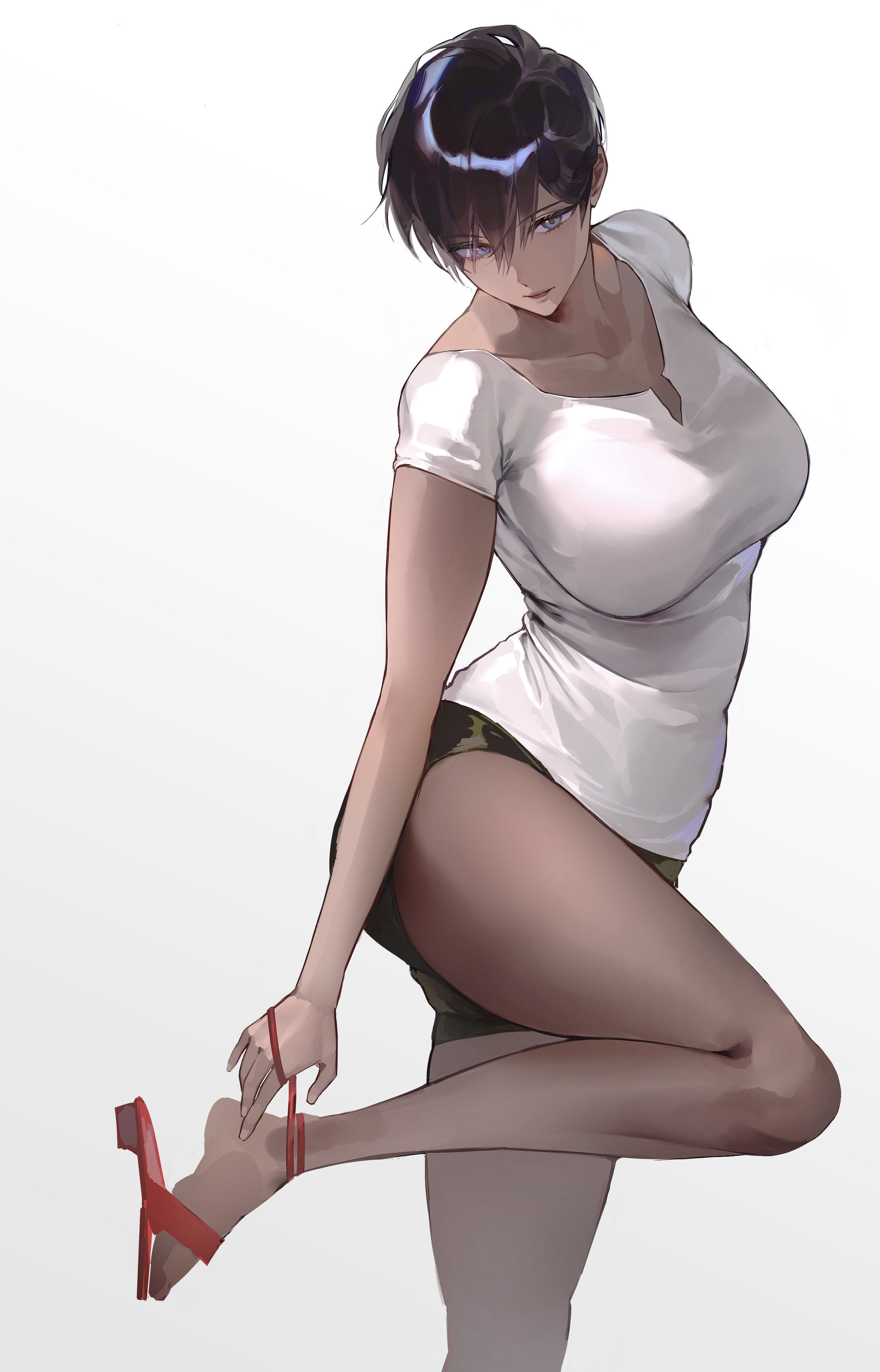 artist name, artist request, athletic female, bangs, bare legs, beautiful woman, black hair, child bearing hips, emotionless female, high heels, large breasts, looking at viewer, mature woman, oc, original, original character, sandals, shoe removed, short hair, shorts, simple background, t-shirt, tagme, tagme (artist), thick thighs, tomboy, tomboyish, voluptuous, voluptuous body, voluptuous female, white background, wide hips