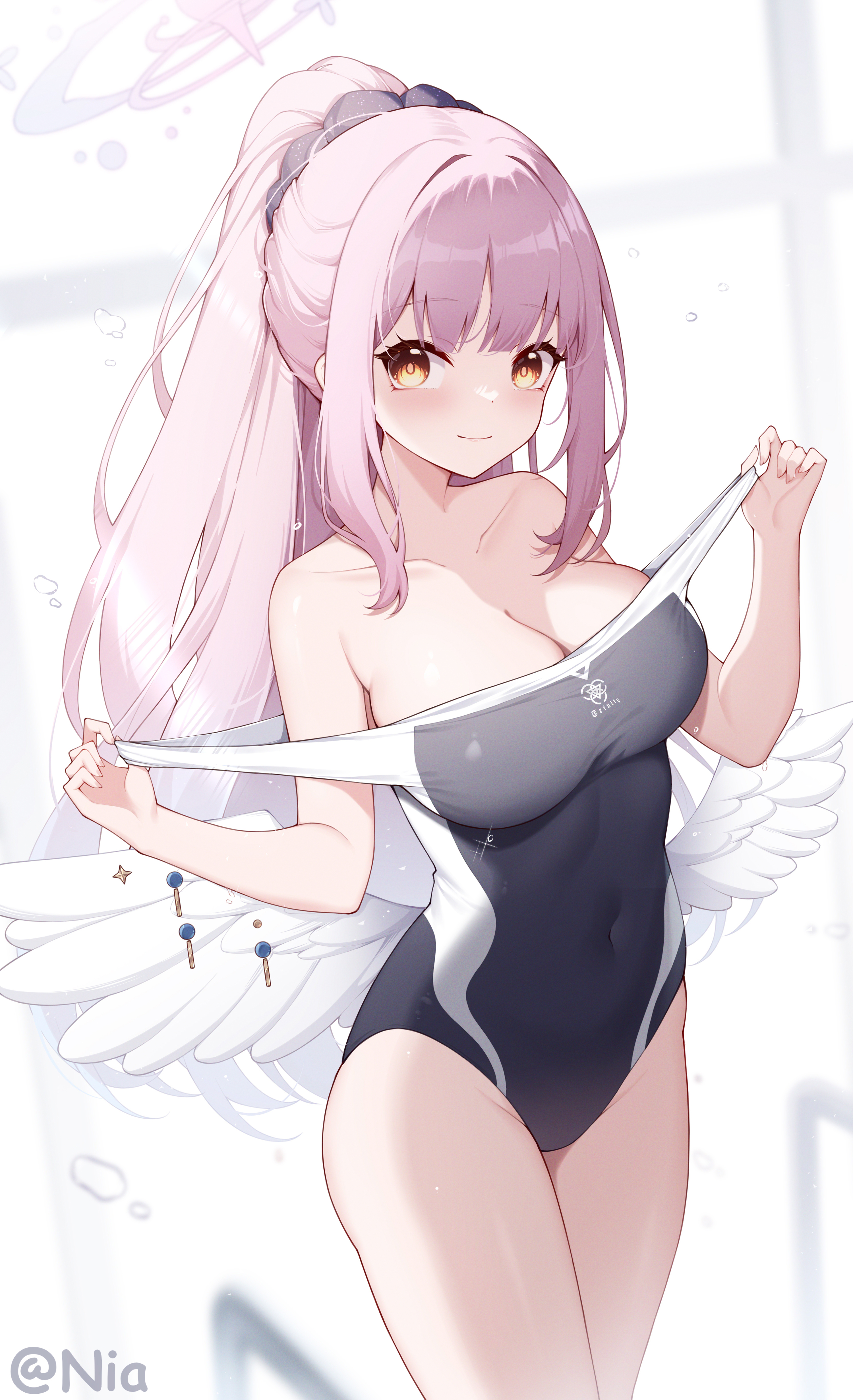 1girls, bare shoulders, blue archive, blue hair, breasts, cleavage, female, female focus, female only, high resolution, highres, large breasts, leotard, long hair, looking at viewer, mika (blue archive), multicolored hair, no bra, orange eyes, origami0703, pink hair, smile, standing, swimsuit, thighs, tied hair, undressing