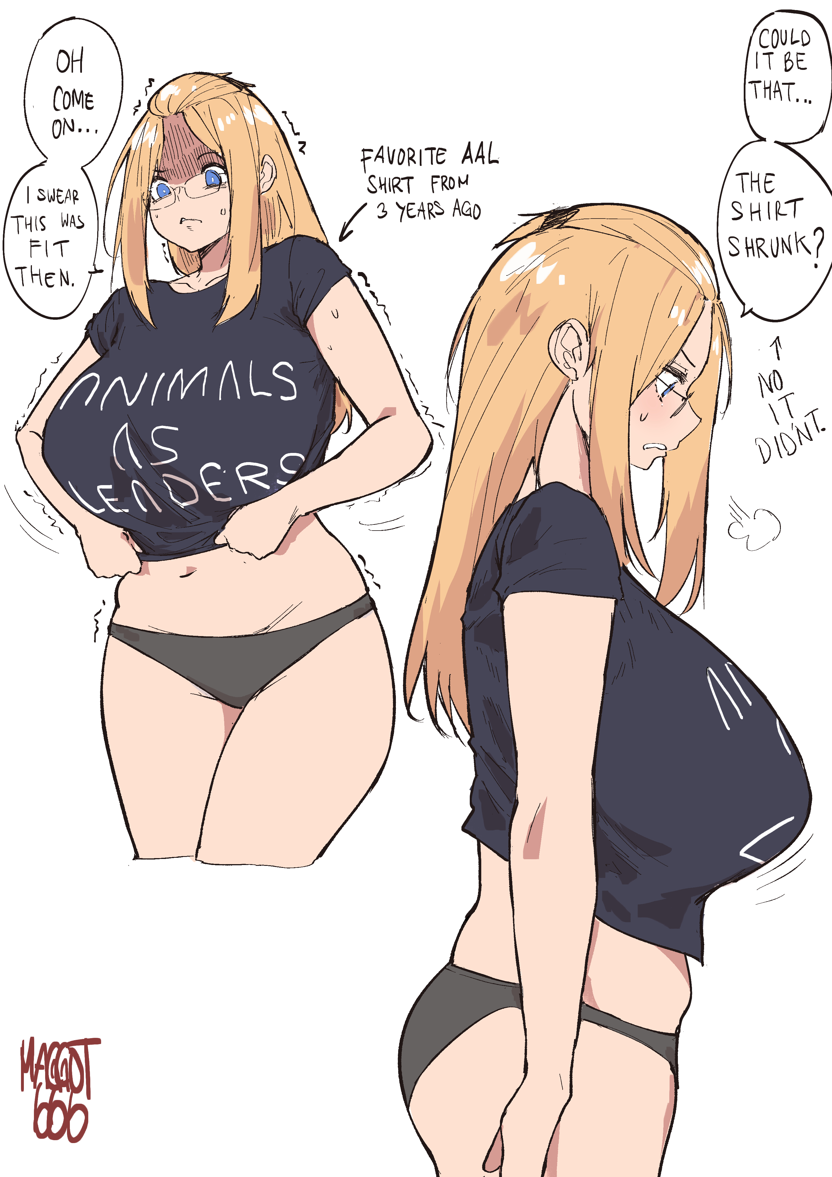 1girl, absurdres, aliasing, artist name, bangs pinned back, black panties, black shirt, blonde hair, blue eyes, breasts, clothes pull, clothes writing, cowboy shot, cropped legs, curvy, english text, folded hair, from side, glasses, group name, hair pulled back, highres, huge breasts, inne sulistya robin, legs together, long hair, looking down, midriff, navel, norman maggot, original, panties, shaded face, shirt, shirt pull, short sleeves, sidelocks, simple background, speech bubble, standing, sweatdrop, t-shirt, thighs, underwear, white background