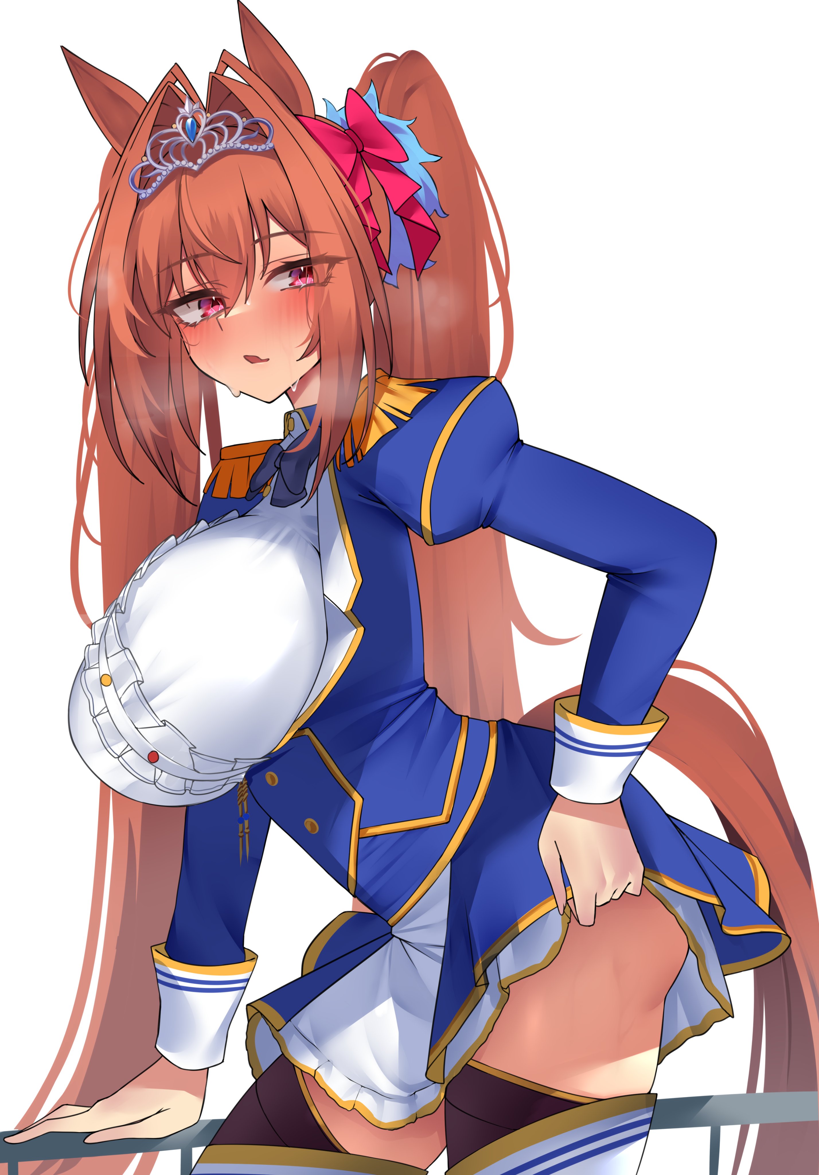 0ha, brown hair, daiwa scarlet (umamusume), flashing, from side, large breasts, long hair, looking at viewer, open mouth, presenting, red eyes, thick thighs, tiara, twintails, umamusume, umamusume pretty derby, very long hair, xkittyzx