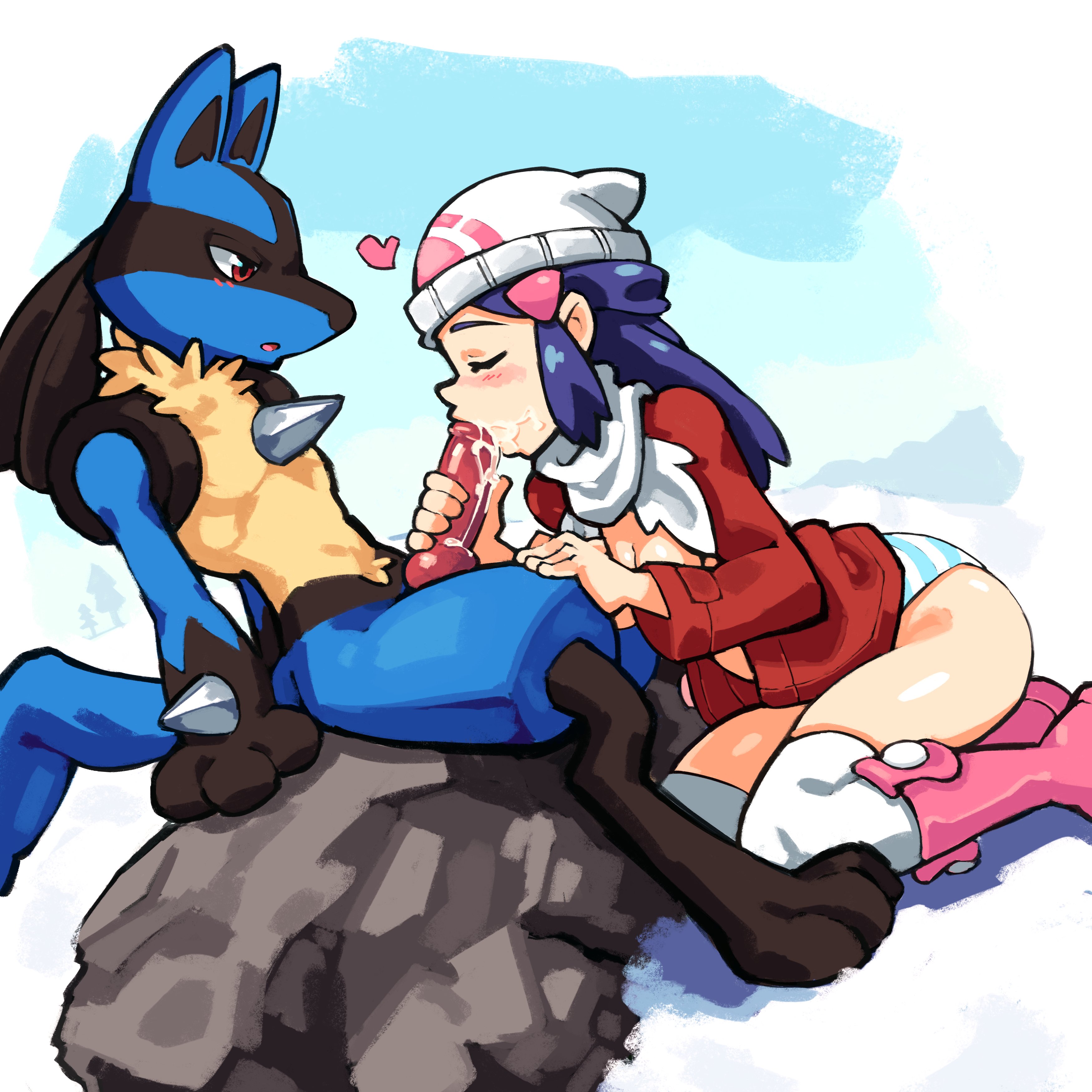 anthro, blowjob, blushing, commission, dawn (pokemon platinum), dawn (pokemon), fellatio, furry, in love, love, lu blu, lucario, male lucario, male pokemon/female human, on knees, oral, oral sex, pokemon, pokemon (species), pokemon dppt, pokephilia, snow, twitter link, winter clothes
