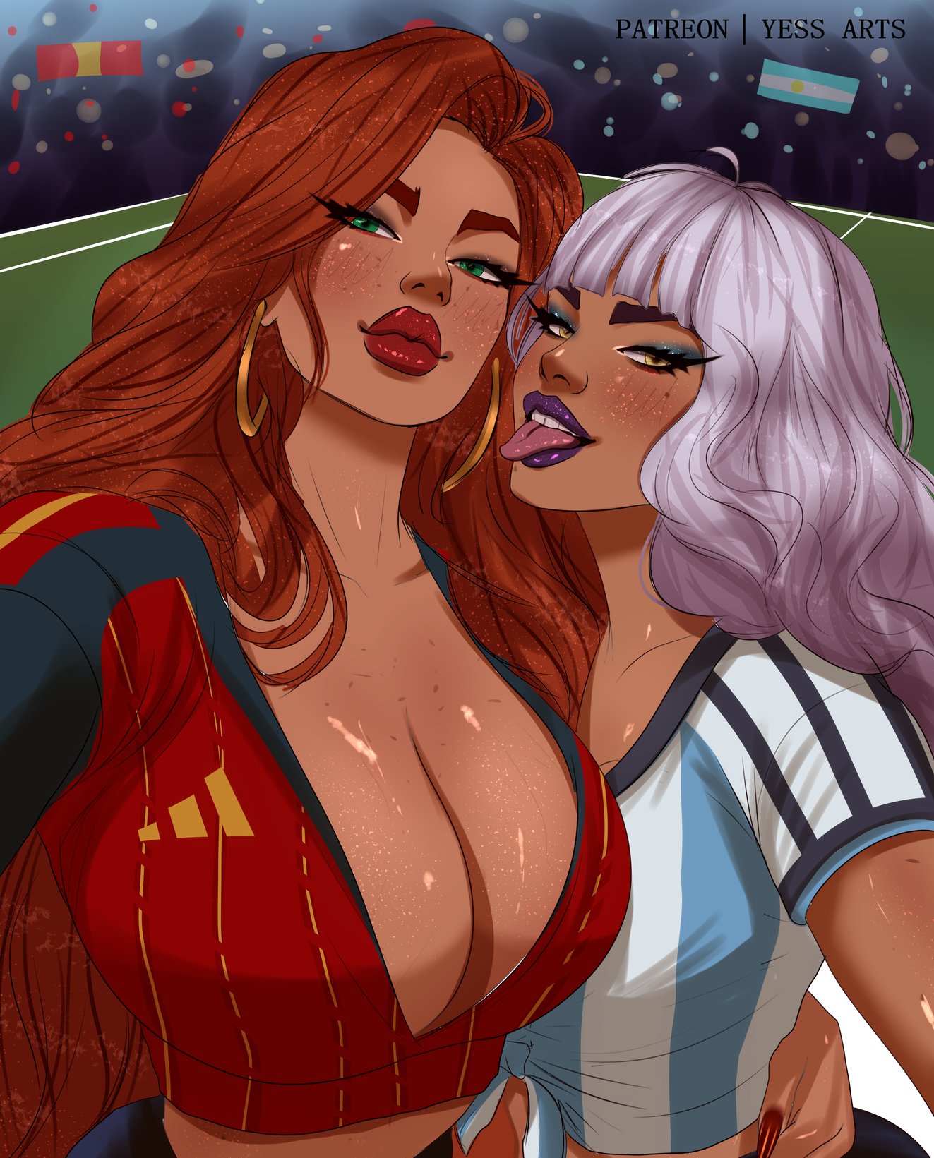 2girls, argentina, argentinian flag, breast size difference, breasts bigger than head, child bearing hips, cleavage, cleavage cutout, cleavage overflow, curvaceous, curvaceous body, curvaceous female, curvaceous figure, curvaceous hips, curvaceous thighs, earrings, female, female only, football, football field, freckles, freckles on chest, green eyes, hand around waist, hi res, highres, holding another, holding waist, hoop earrings, hoop earrings oversized, huge breasts, jersey, league of legends, long hair, miss fortune, mole under eye, purple lipstick, qiyana yunalai, red hair, red lipstick, riot games, sarah fortune, selfie, soccer, soccer field, spain, spanish flag, taking selfie, tanned female, tanned skin, tied shirt, tongue out, waifu, white hair, world cup, yellow eyes, yessarts