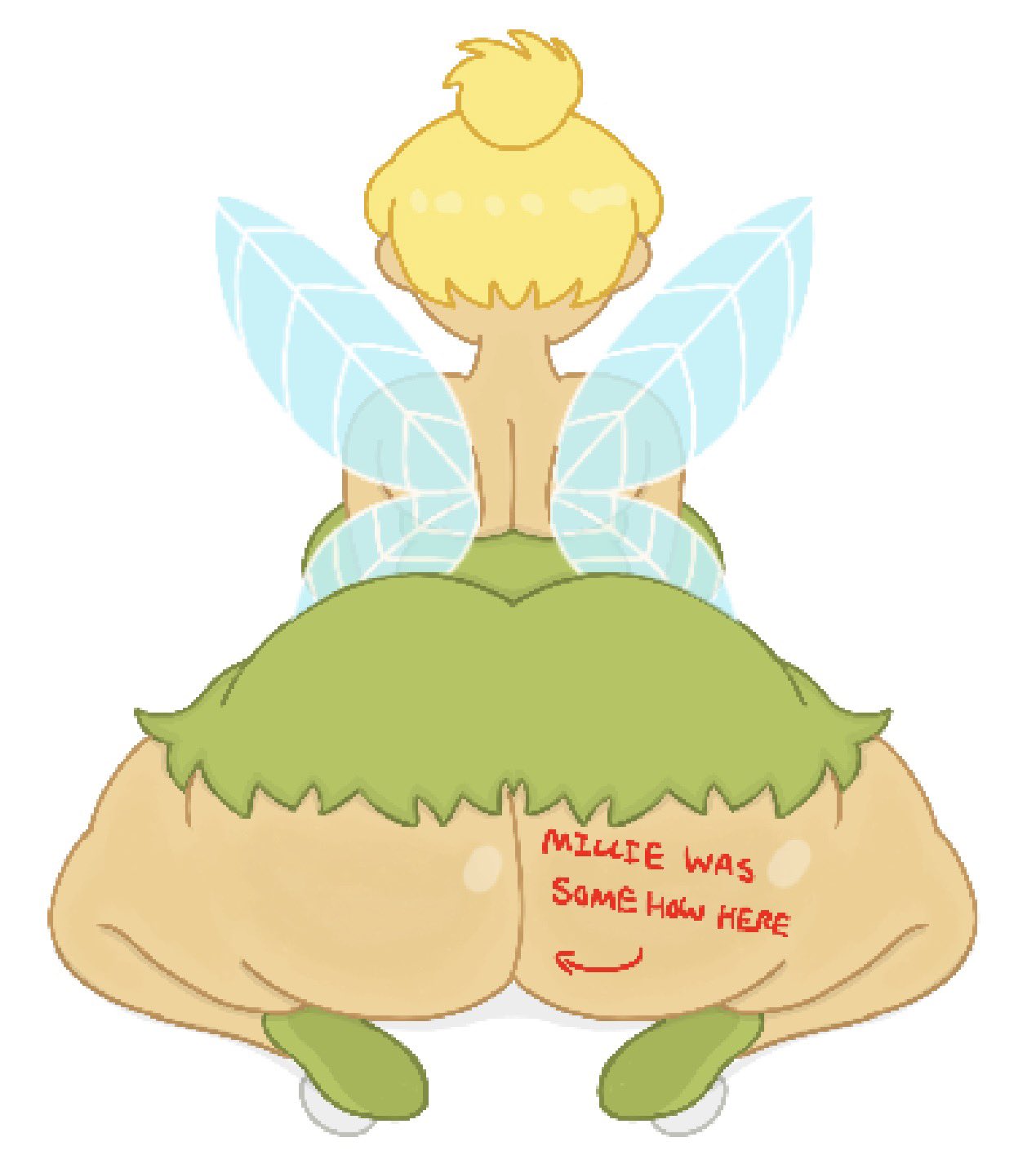 1girls, 2026, 2d, 2d (artwork), 2d artwork, ass, ass bigger than head, big ass, blonde, blonde female, blonde hair, blonde hair female, blonde-haired female, digital art, digital drawing (artwork), digital media (artwork), disney, disney fairies, fairy, fairy girl, fairy wings, fat ass, female, green dress, human, humanoid, light skin, light-skinned female, peter pan (disney), solo, tagme, theslashfive, tinker bell, tinker bell (disney), wings, writing on ass, writing on body