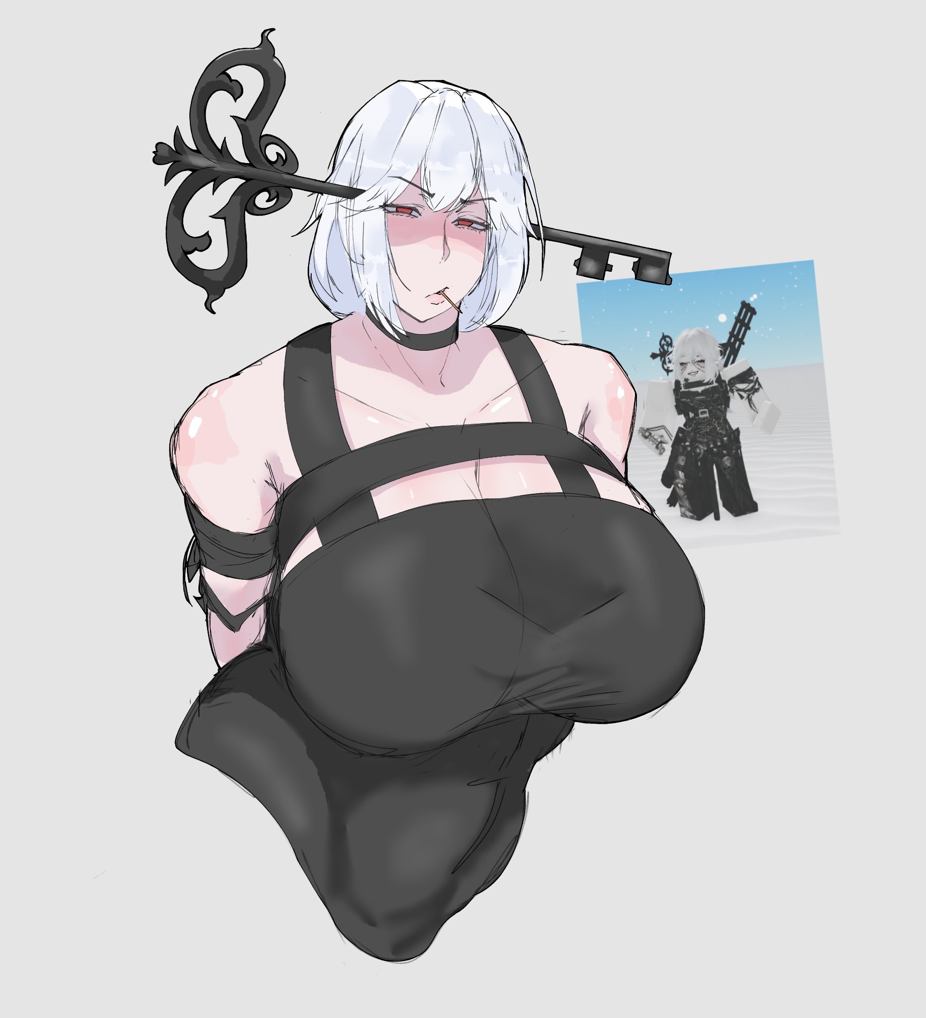 1girls, big breasts, breasts, cleavage, clothing, hands behind back, reference image, roblox, roblox avatar, robloxian, sharkgirlslover, short hair, tagme, toothpick in mouth, white hair