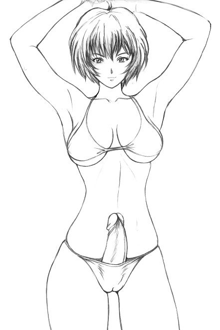 armpits bikini dusty_heaven erection futanari intersex large_breasts monochrome neon_genesis_evangelion penis rei_ayanami solo_futa straight_hair swimsuit uncensored