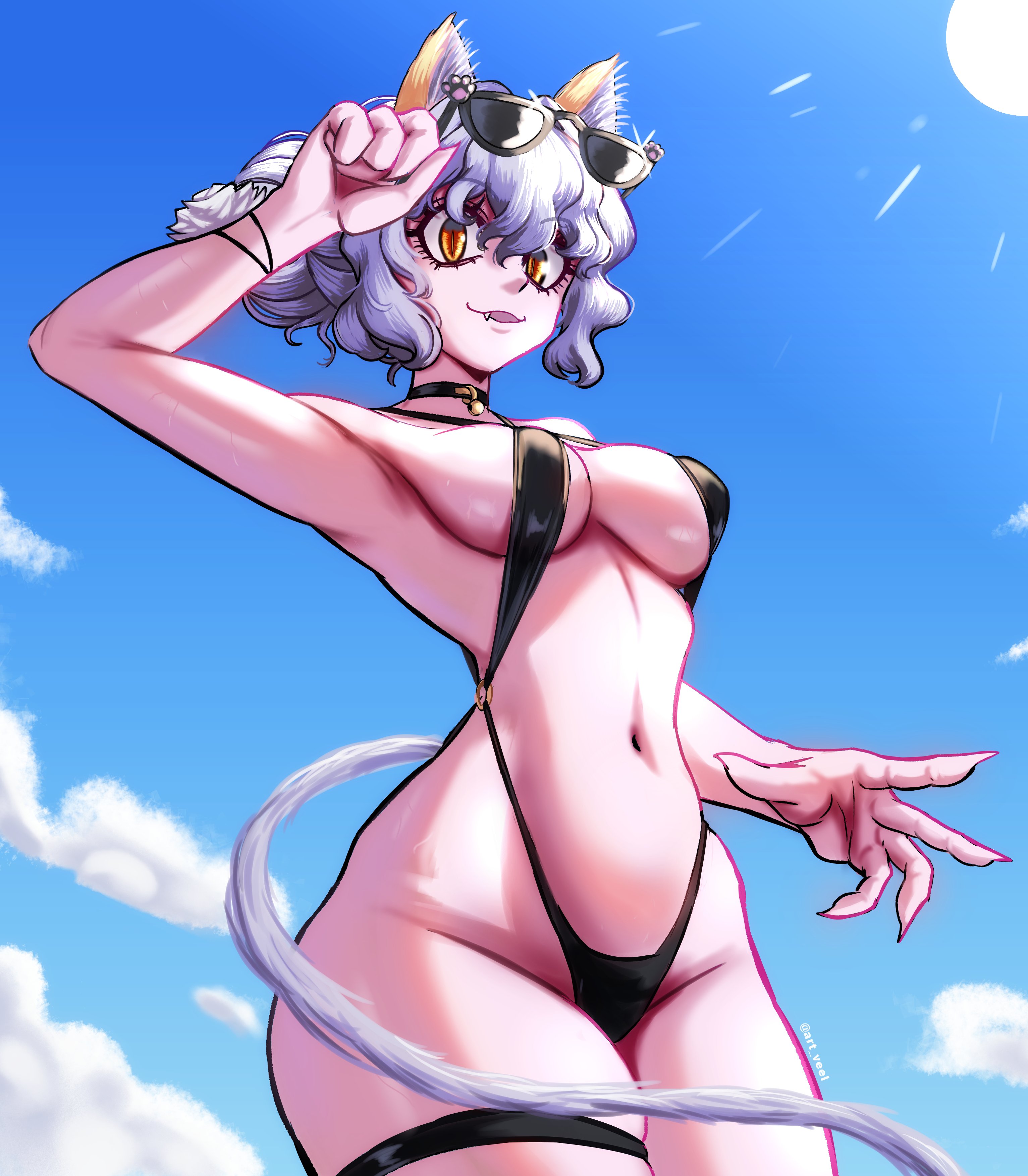1girls, amber eyes, artist name, bikini, bracelet, cat ears, cat tail, catgirl, choker, female, female focus, female only, hunter x hunter, looking at viewer, neferpitou, sharp fingernails, sideboob, slim waist, sunglasses, tail, thighlet, white hair