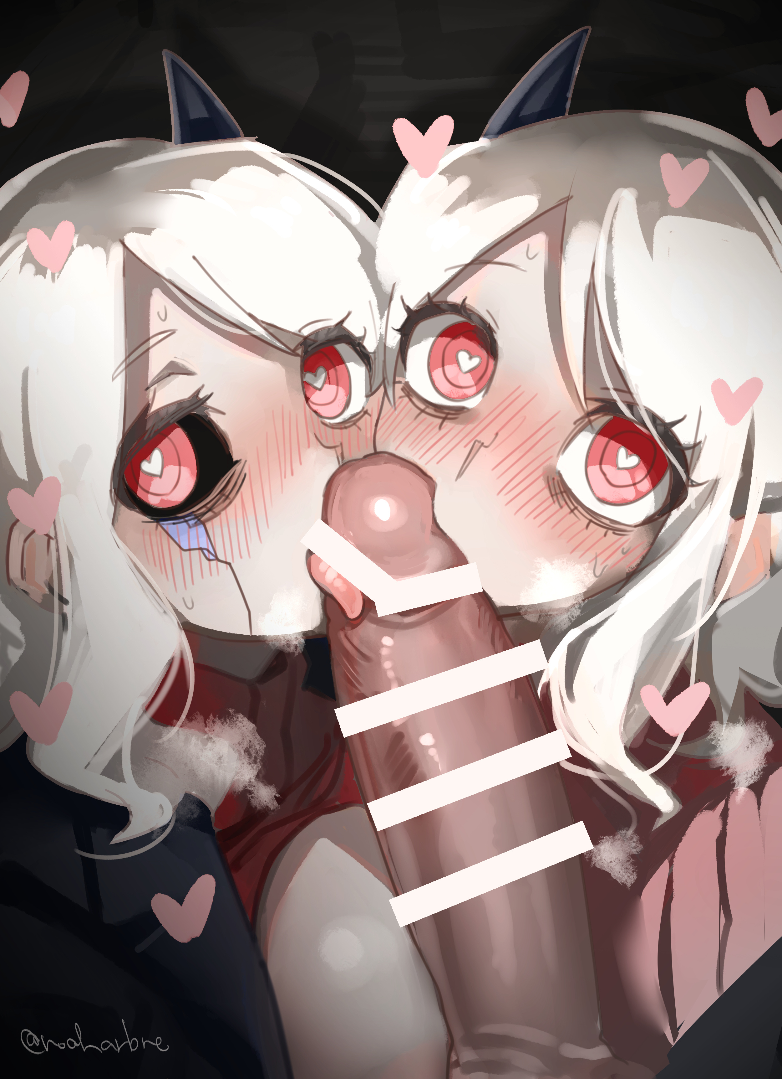 1boy2girls, demon, demon girl, demon horns, demon tail, helltaker, modeus (helltaker), moon (helltaker), noah (tettsui-sole), noaharbre, oral sex, penis, red eyes, tagme, threesome, white hair