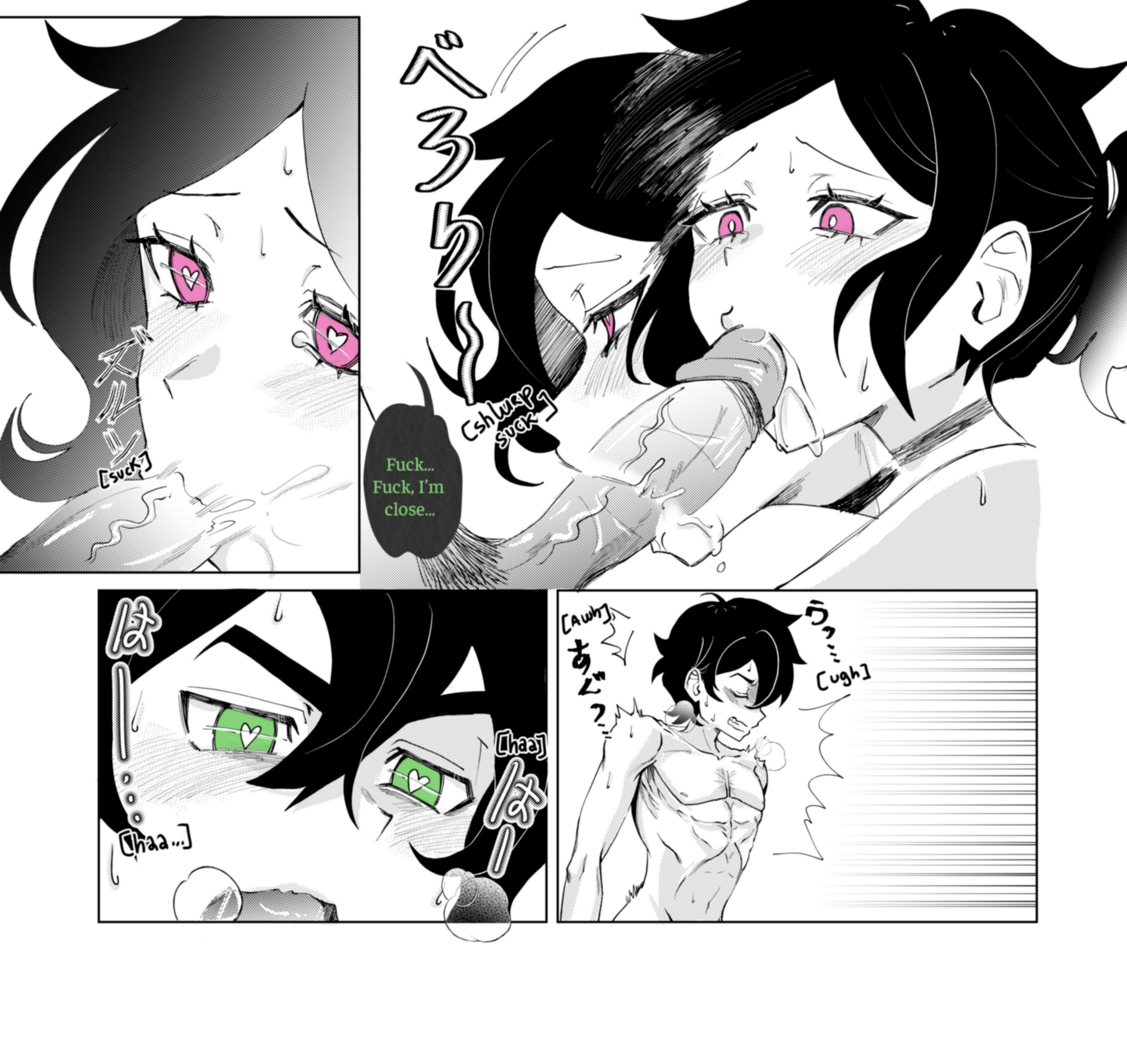 1boy, 1girls, 2d, andrew graves, ashley graves, black hair, blowjob, blush, brother and sister, choker, deepthroat, dialogue, english text, fellatio, female, green eyes, heart-shaped pupils, incest, male, nude, oral, passionate, penis, pink eyes, ponytail, sea-lean, siblings, straight, the coffin of andy and leyley