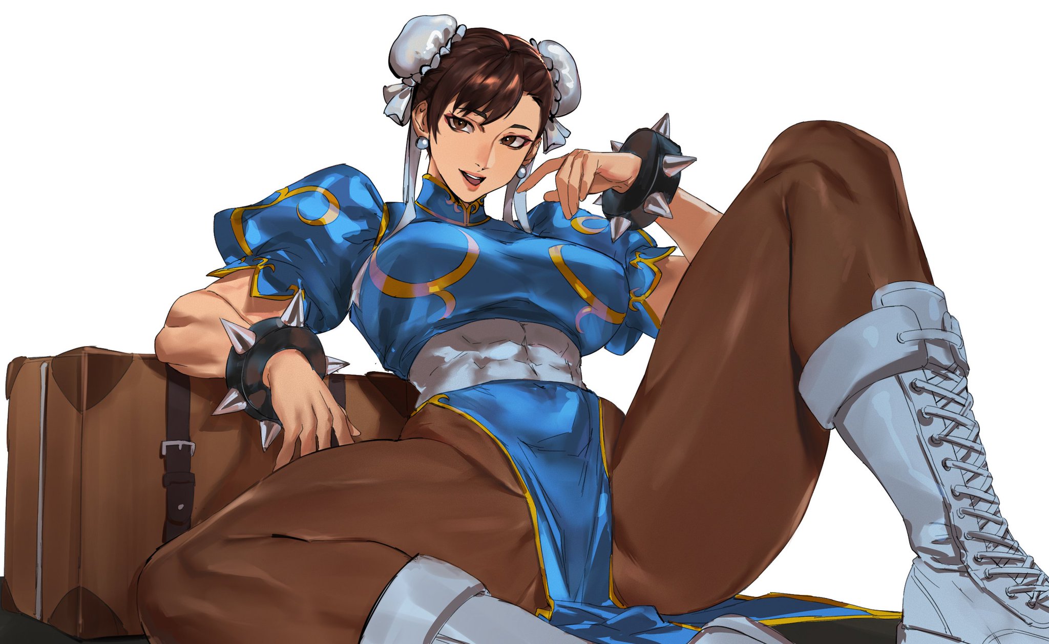 1girls, 2d, abs, asian, asian female, athletic female, bangs, boots, brown hair, chignon, child bearing hips, chun-li, costume, enargeia, enargeia5525, female, female only, fit female, hair ornament, hair ribbon, hourglass figure, hourglass figured female, inner thighs, large breasts, large thighs, light-skinned female, lying back, martial arts uniform, mature body, mature female, mature woman, milf, muscular female, pantyhose, skirt, slim waist, solo, spiked bracelet, spread legs, street fighter, street fighter 6, street fighter ii, taiyang yu, thick ass, thick thighs, tied hair, video game character, wide hips