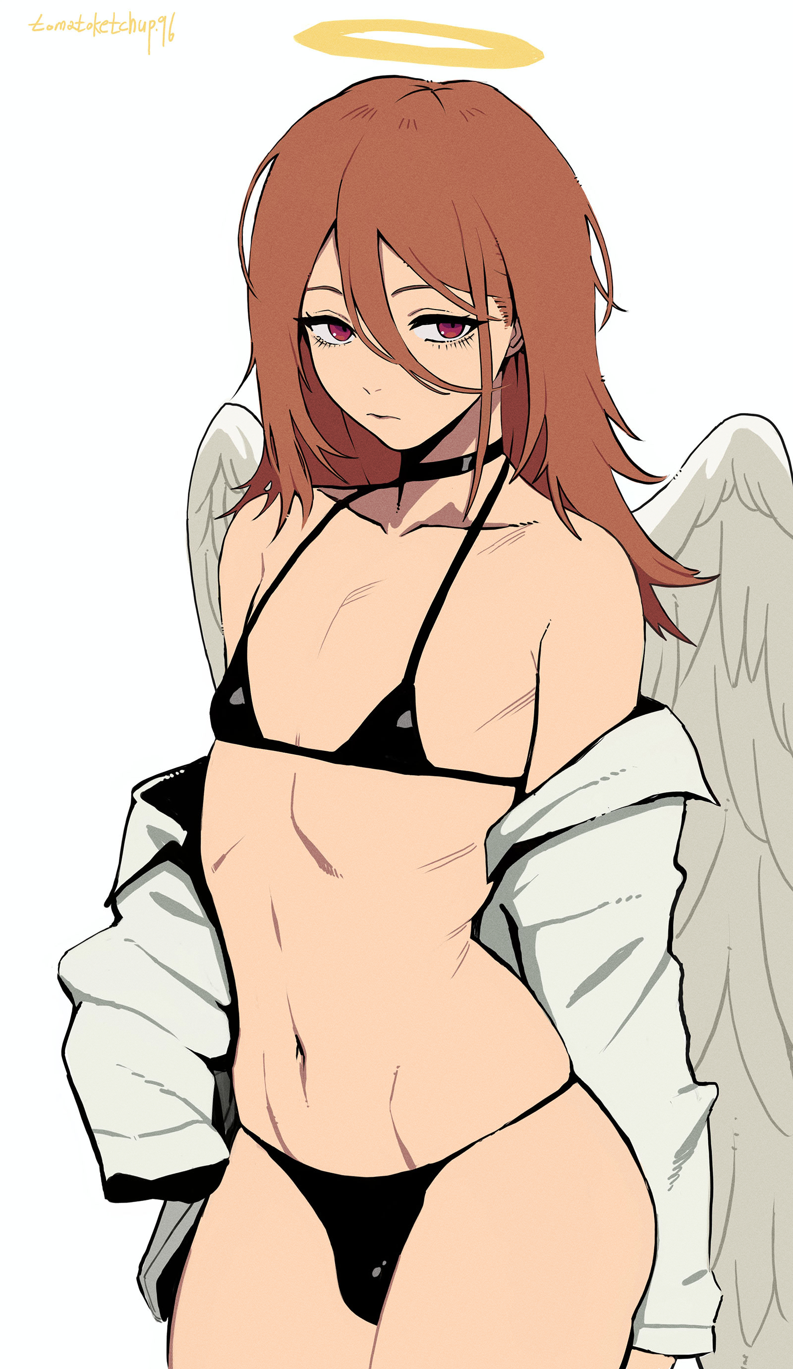1boy, angel, angel devil (chainsaw man), angel halo, angel wings, artist name, bikini, black bikini, bulge, chainsaw man, femboy, hair between eyes, halo, long hair, looking at viewer, male, male focus, male only, micro bikini, red hair, shounen jump, skinny, solo, solo male, taking clothes off, tomatoketchup96