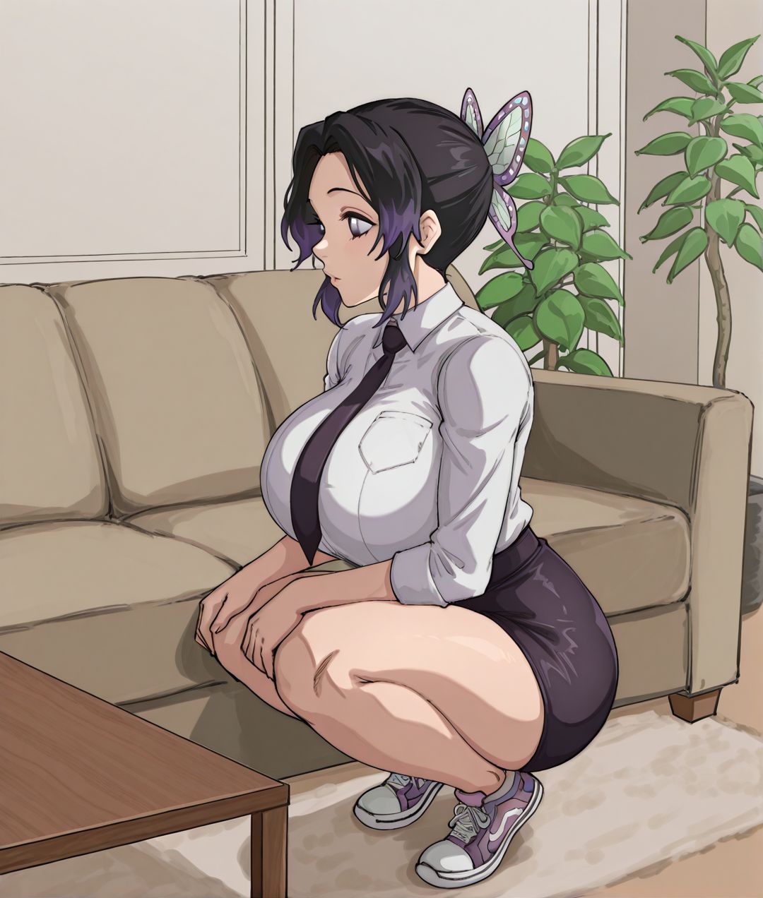 1girls, ai generated, big ass, big breasts, coach, curvy, curvy body, curvy female, curvy figure, demon slayer, female, female only, huge ass, huge breasts, kimetsu no yaiba, kochou shinobu, kyoru189, large ass, large breasts, light skin, light-skinned female, mature female, pencil skirt, shirt, side view, skirt, sofa, solo, solo female, squatting, table, tie