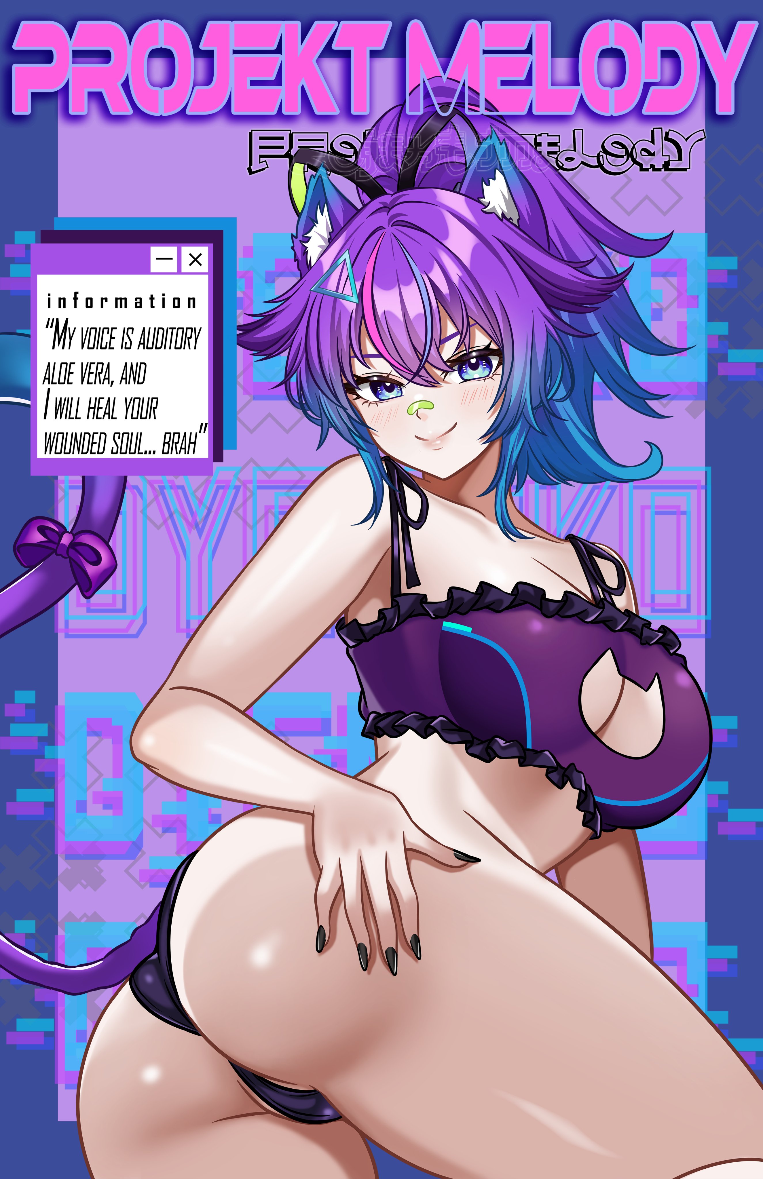 1girl, 1girls, absurdres, animal ears, ass, bandage on face, bandages, bandaid, bandaid on face, bandaid on nose, blue eyes, blue hair, blue streaks, breasts, cat cutout, cat ears, cat girl, cat lingerie, cat tail, cleavage, cleavage cutout, clothing cutout, dyeneko, female, gradient hair, hair ornament, highres, indie virtual youtuber, large breasts, looking at viewer, melody (projektmelody), multicolored hair, pink streaks, ponytail, purple hair, smile, streaked hair, tail, thighs, tits, triangle hair ornament, virtual youtuber, vtuber